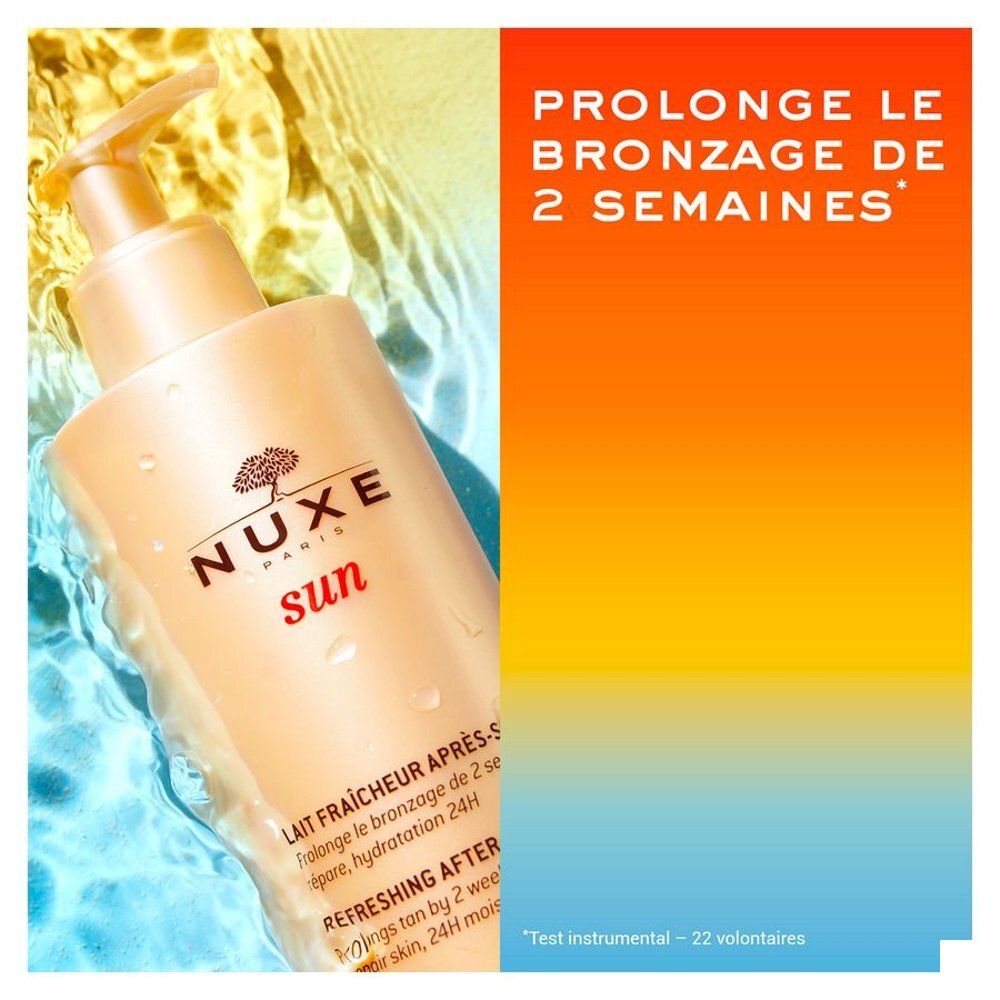 Achterkant van de Nuxe Sun Verfrissende After-Sun Lotion fles met gedetailleerde productinformatie.