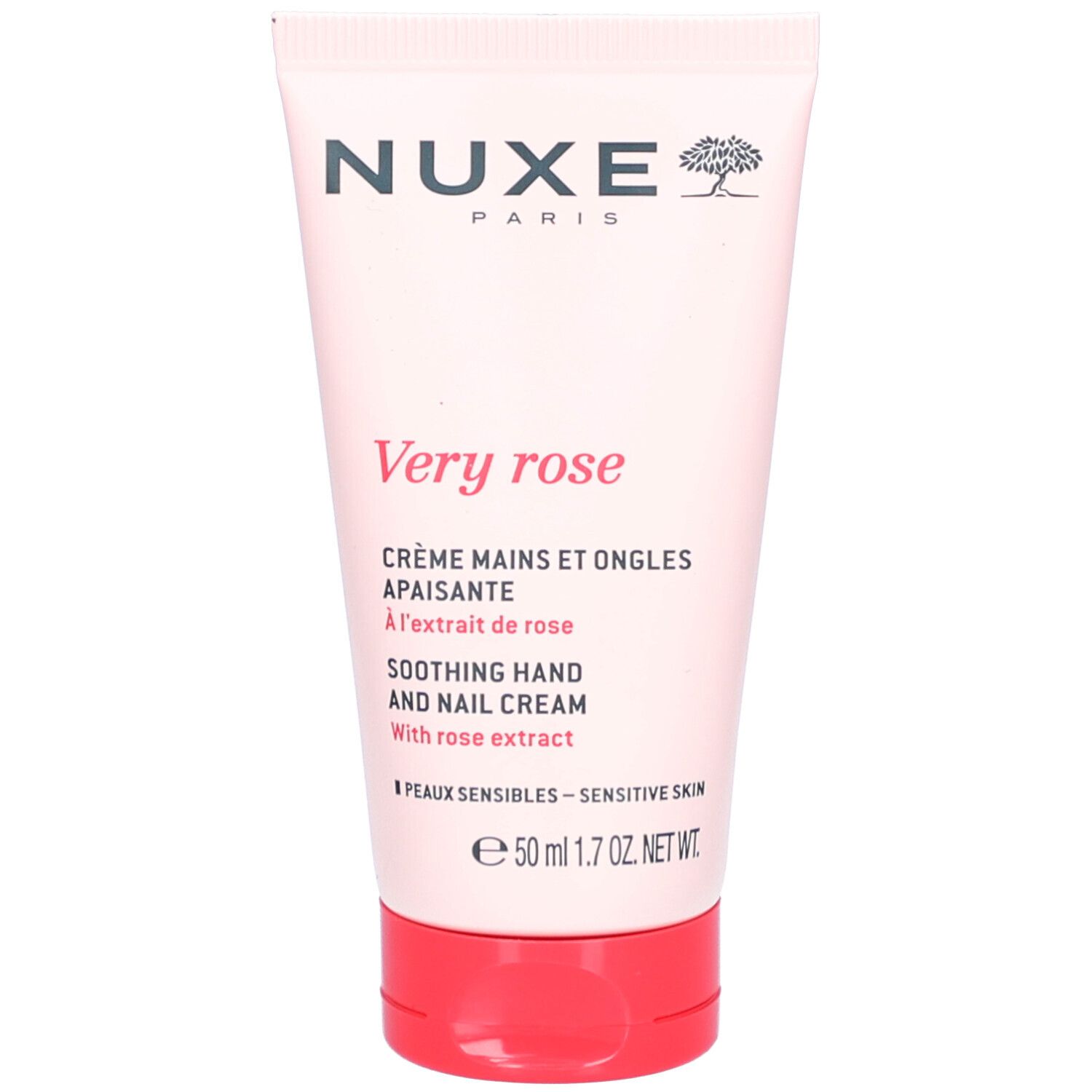 Tube rose. Nuxe Very Rose Crème Mains et Ongles Apaisante. Texte sur le tube. Bouchon rouge.