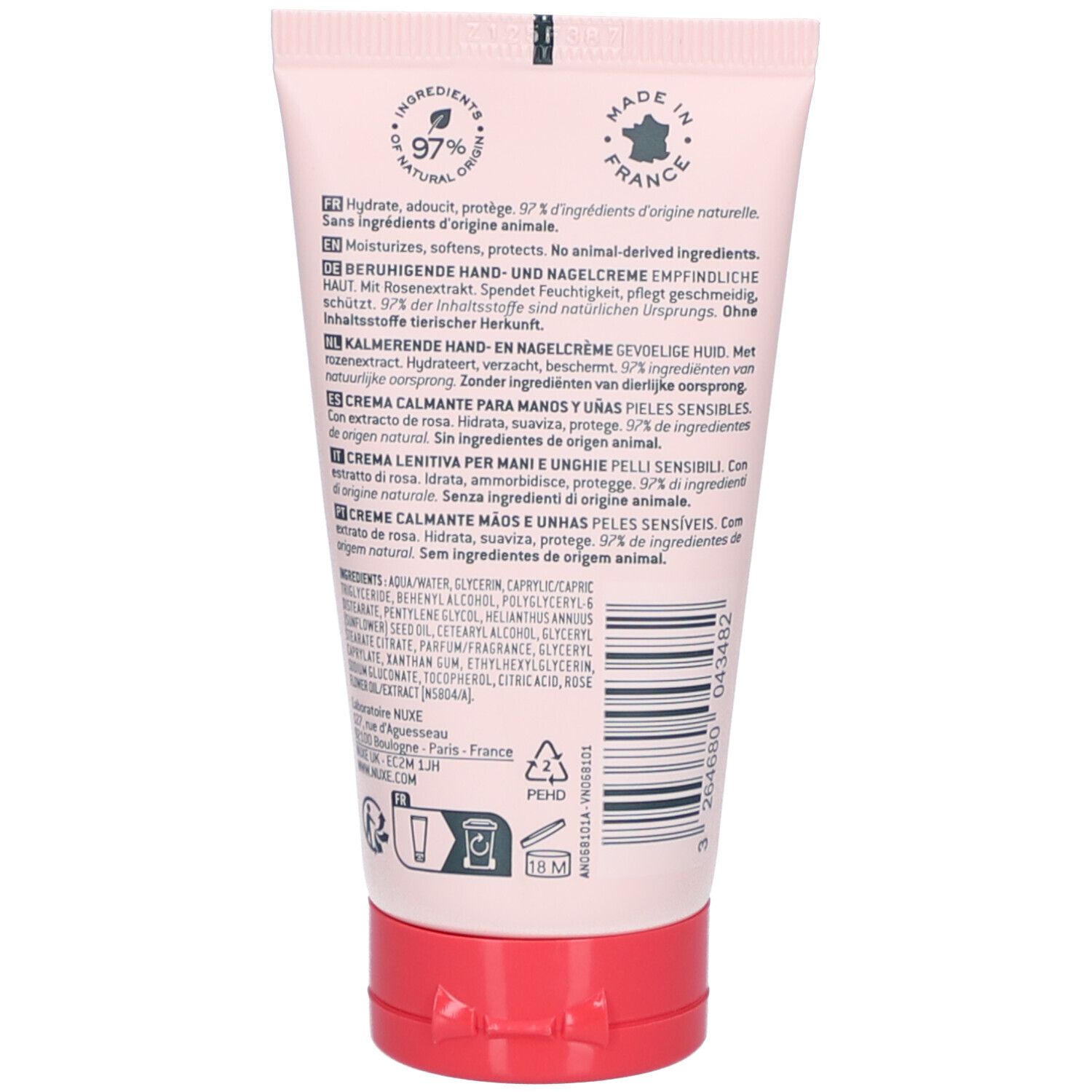 Dos du tube. Texte multilingue. Bouchon rouge. Ingrédients et origine.