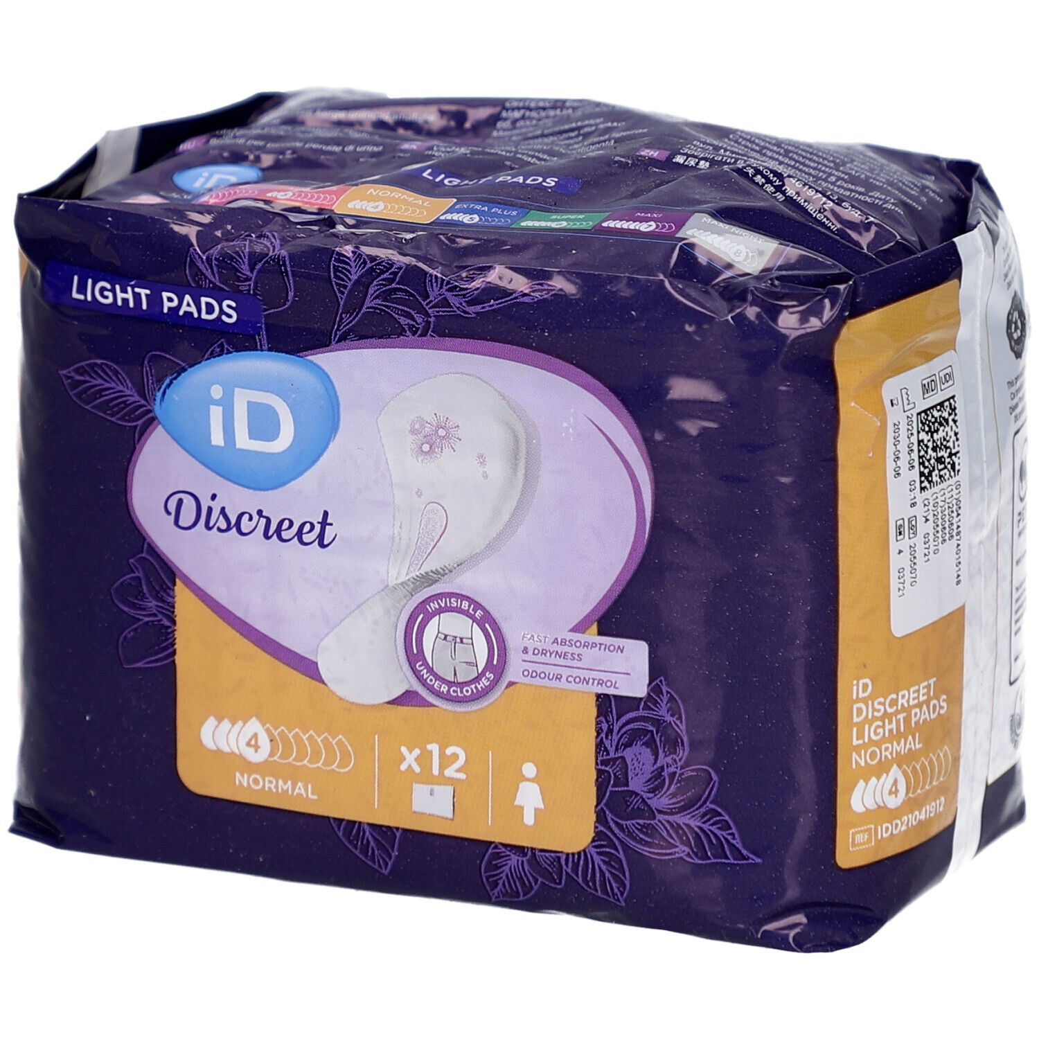 Paquet de protections iD Discreet Light Pads Normal. Le produit et l'emballage sont visibles. Contient 12 unités. Caractéristiques visibles.