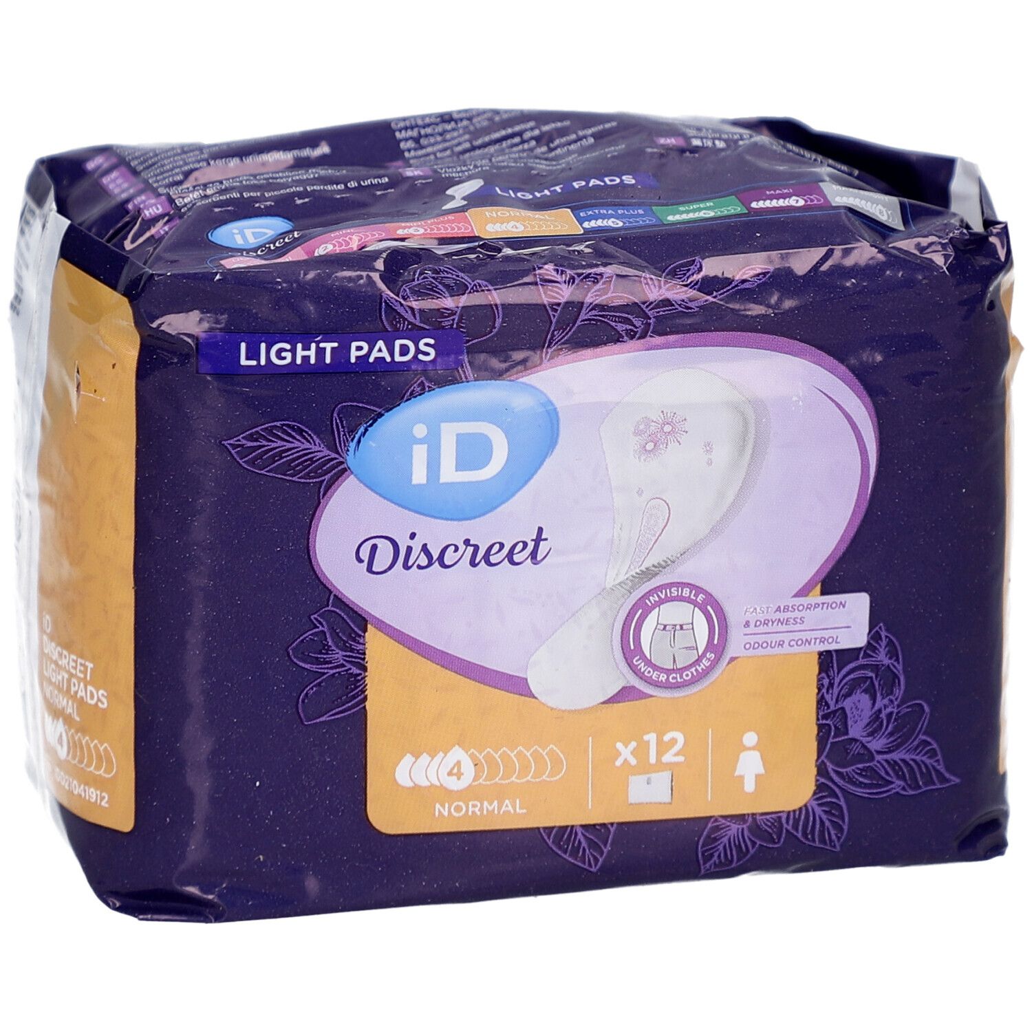 Paquet de protections iD Discreet Light Pads Normal. Le produit et l'emballage sont visibles. Contient 12 unités. Caractéristiques visibles.