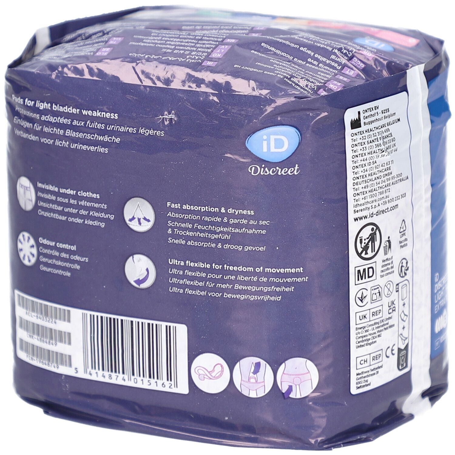 Dos du paquet iD Discreet Light Pads Extra Plus. Texte : caractéristiques, ingrédients, fabricant. Emballage violet.