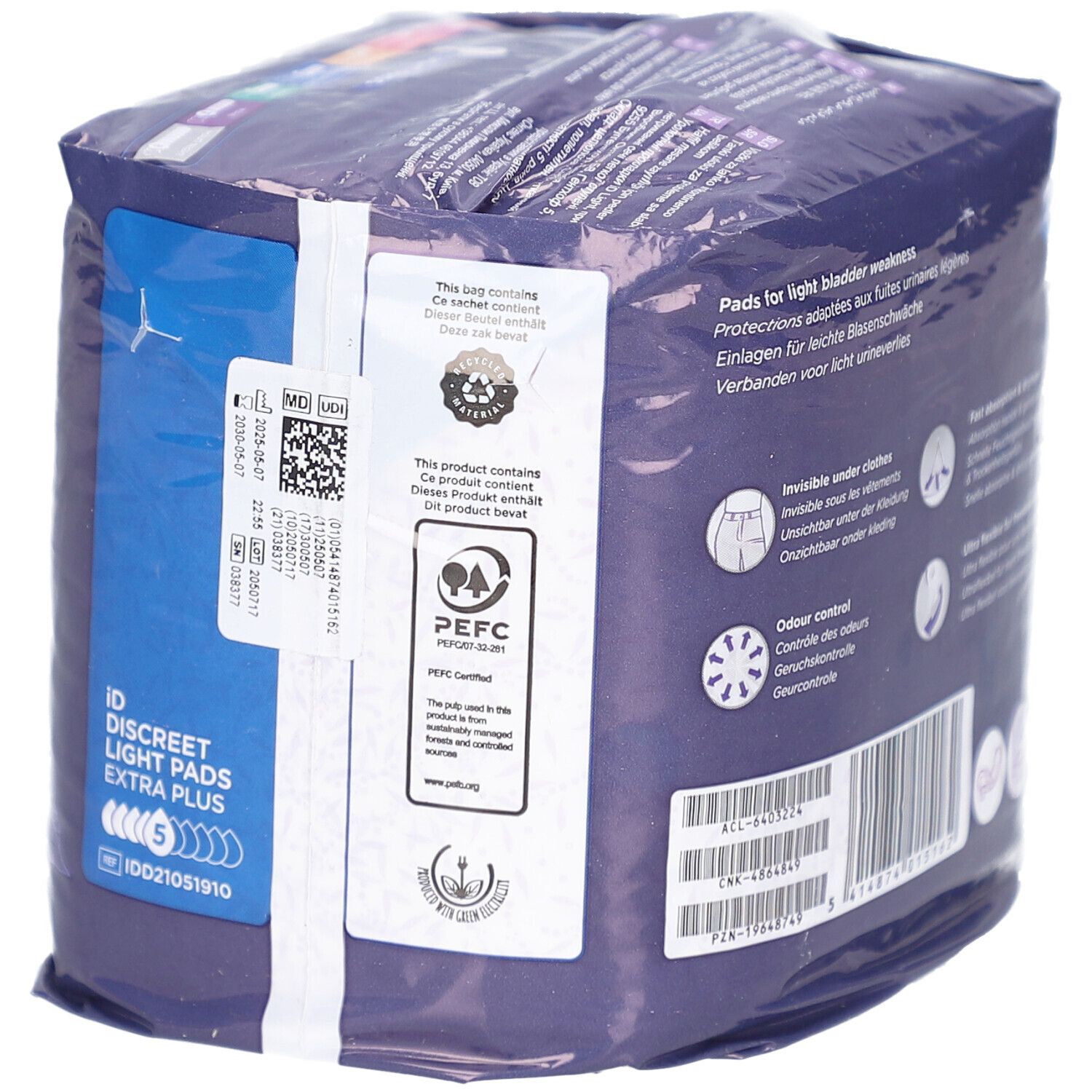 Paquet iD Discreet Light Pads Extra Plus. Autocollants avec informations, symboles de recyclage, certification. Emballage violet.