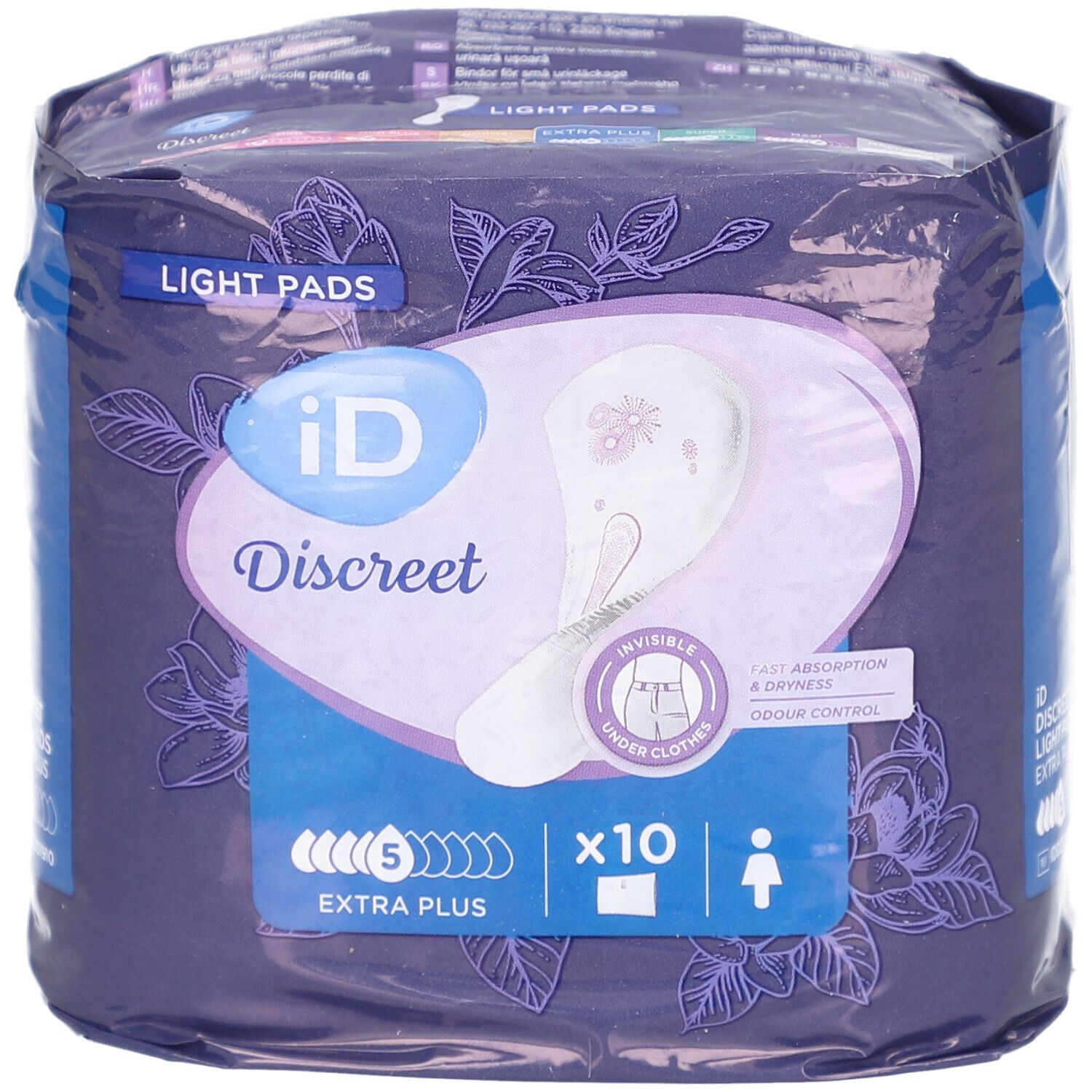 Paquet de iD Discreet Light Pads Extra Plus. Visible : marque, nom du produit, absorption, quantité. Emballage violet avec motif floral.