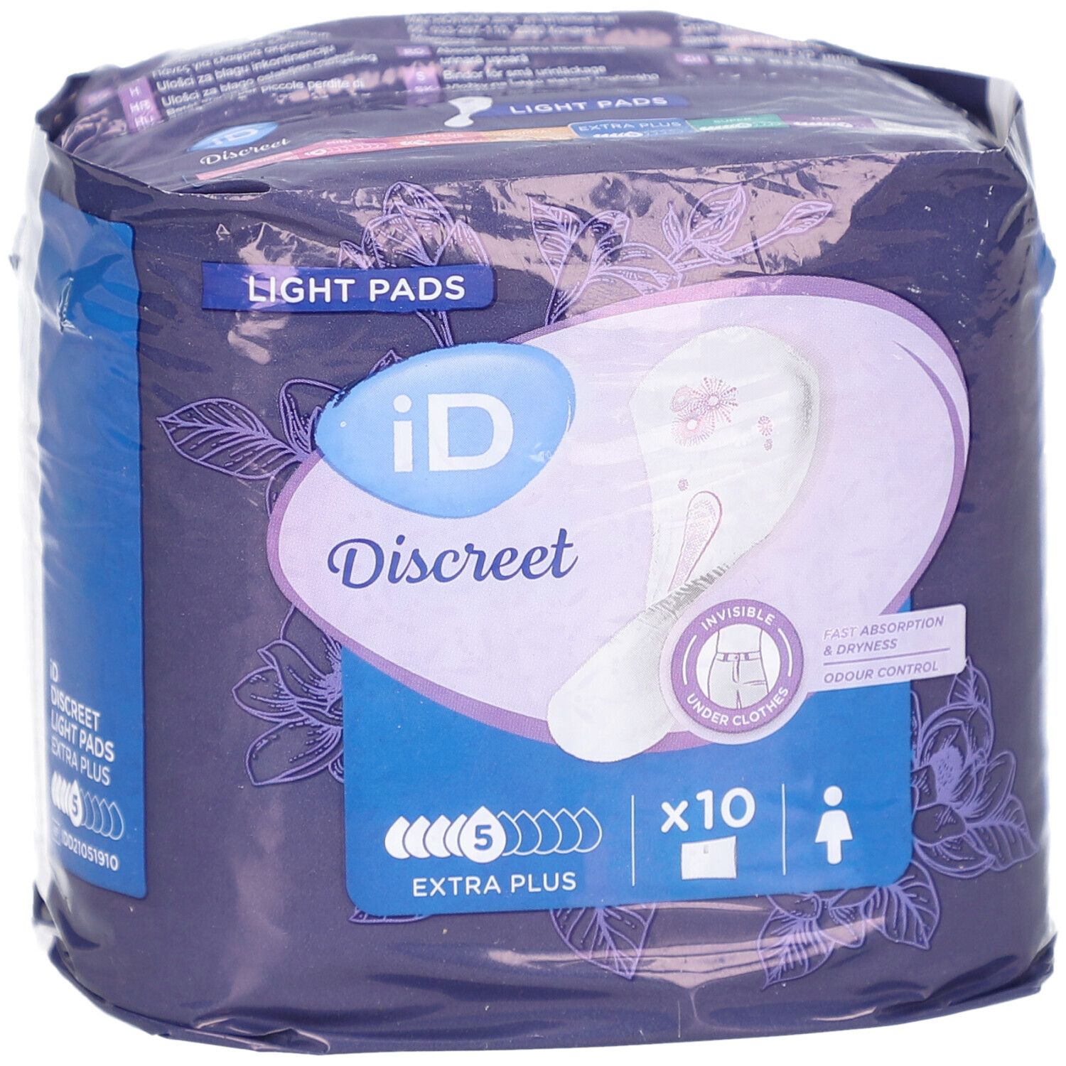 Paquet de iD Discreet Light Pads Extra Plus. Visible : marque, nom du produit, absorption, quantité. Emballage violet avec motif floral.
