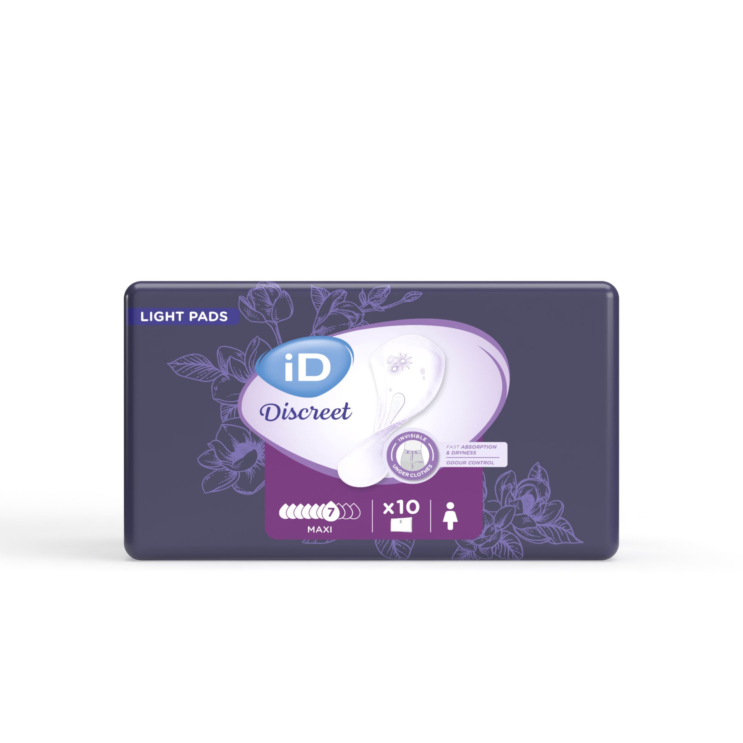 Verpakking van iD Discreet Light Maxi. Donkerblauwe verpakking met paarse accenten en bloemmotieven. Bevat 10 stuks. Opschrift: iD Discreet, Light Pads.