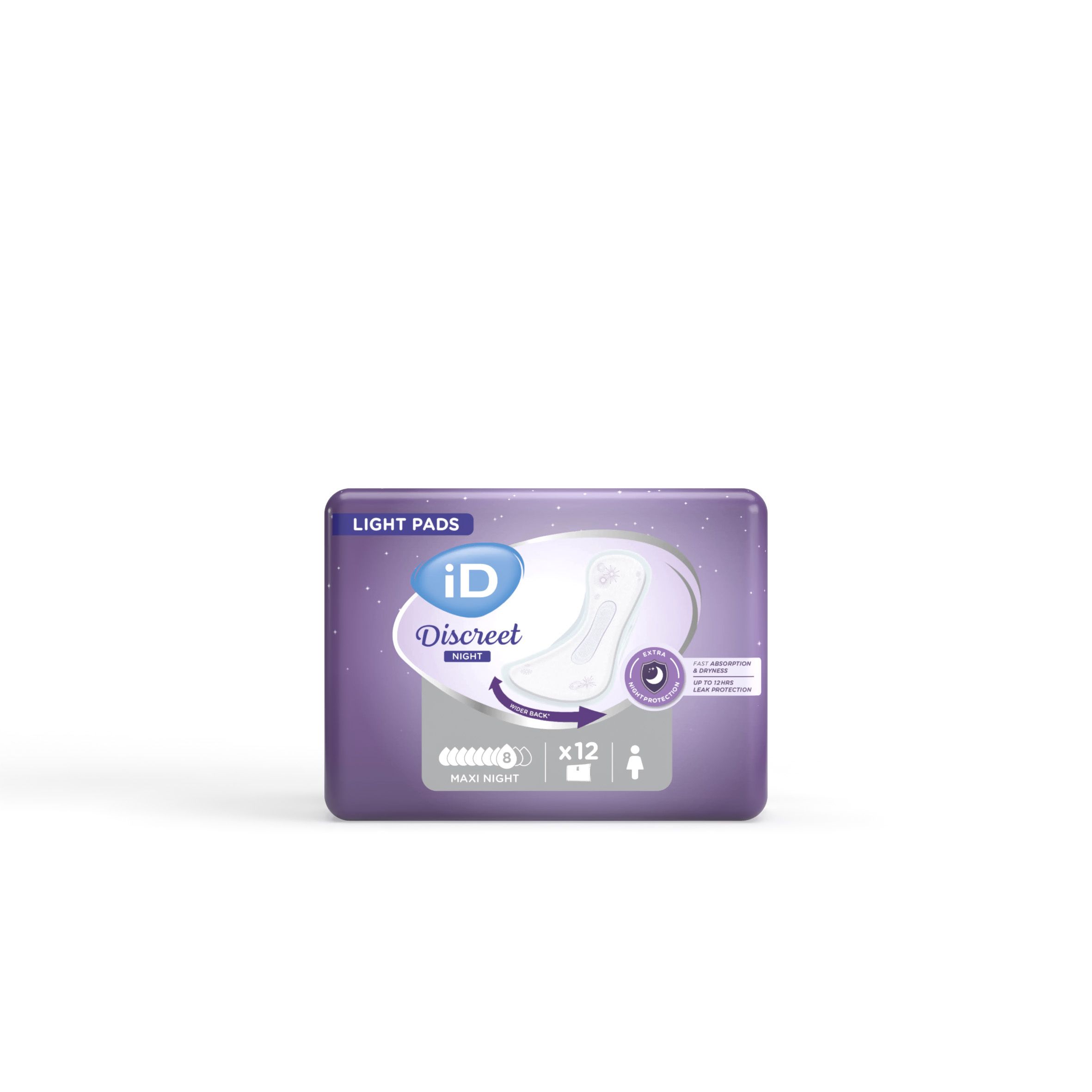 Verpakking iD Discreet Light Maxi Night. Paarse verpakking met productafbeelding en x12. Opschrift: Light Pads.