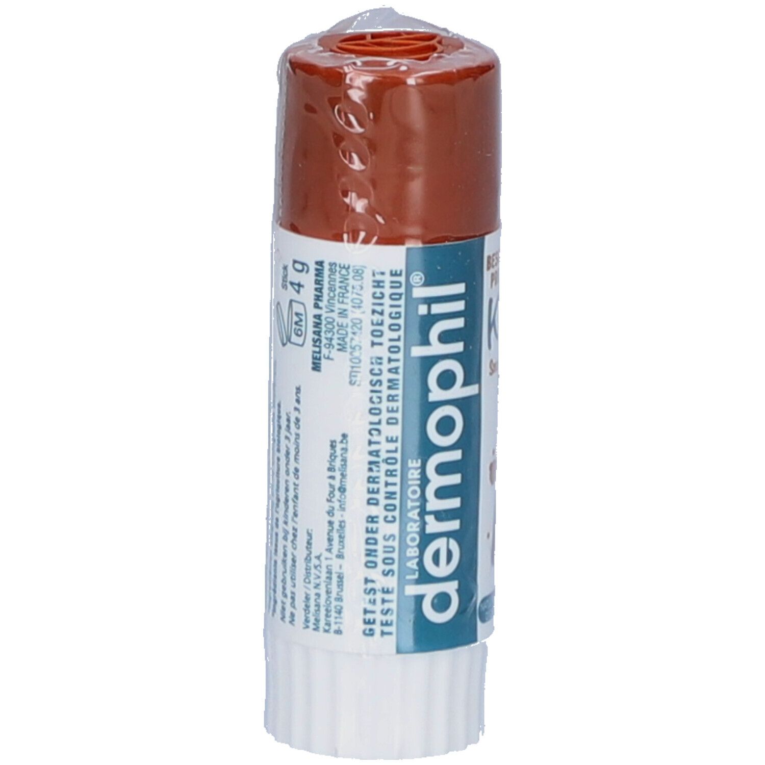 Lipverzorgingsstick. Achterkant met informatie. 4g. Dermatologisch getest. Melisana Pharma.
