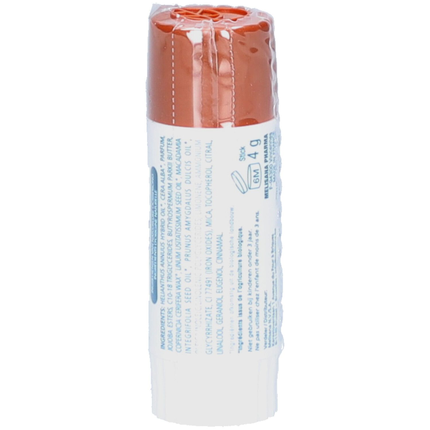 Lipverzorgingsstick. Ingrediënten op achterkant. 4g. 6M-symbool. Niet voor kinderen onder 3 jaar.
