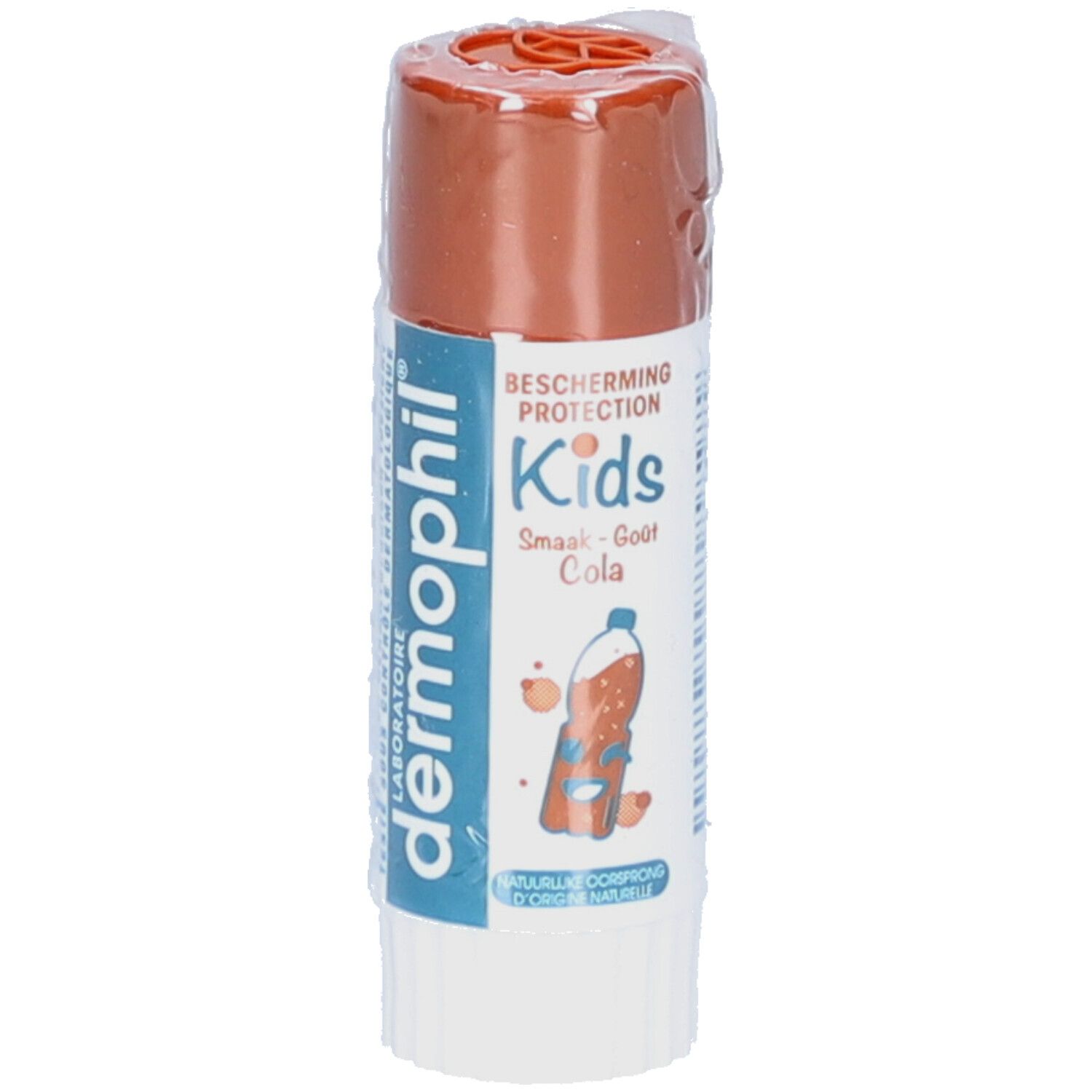 Lipverzorgingsstick voor kinderen. Bescherming Kids Goût Cola. Witte huls met bruine dop. Cola-afbeelding.