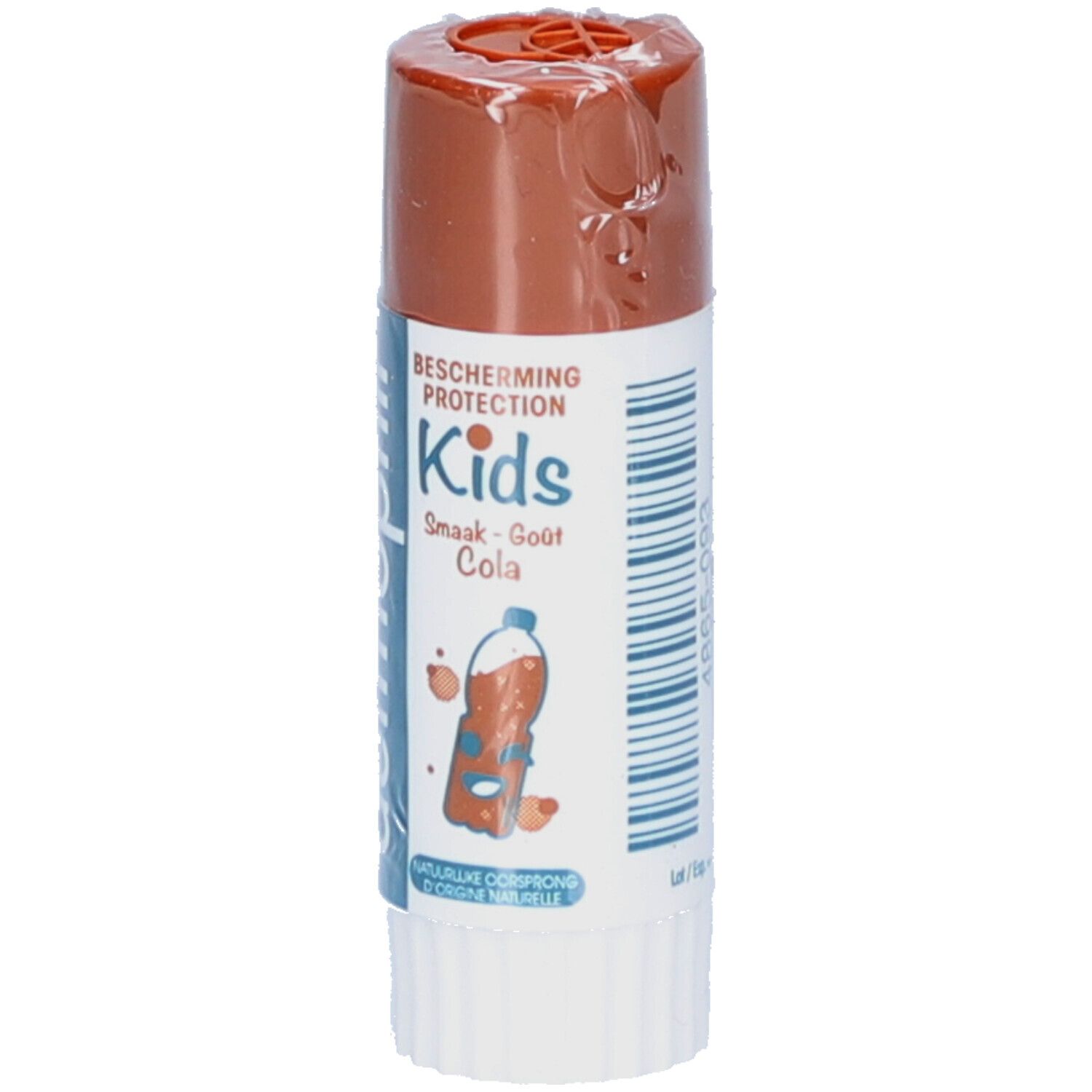 Lipverzorgingsstick voor kinderen. Bescherming Kids Goût Cola. Witte huls met bruine dop. Cola-afbeelding.
