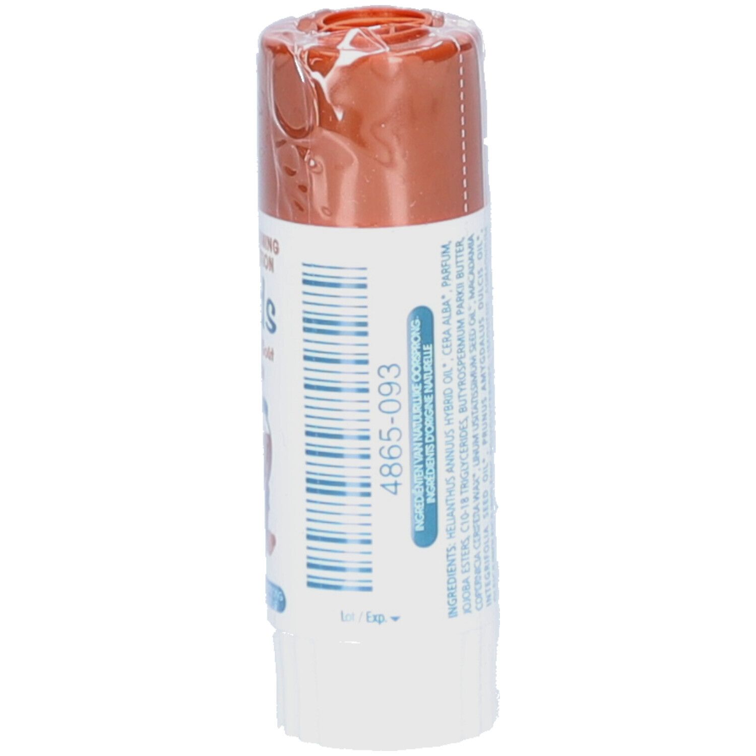 Lipverzorgingsstick. Achterkant met informatie. Ingrediënten. 4865-093. Vervaldatum.