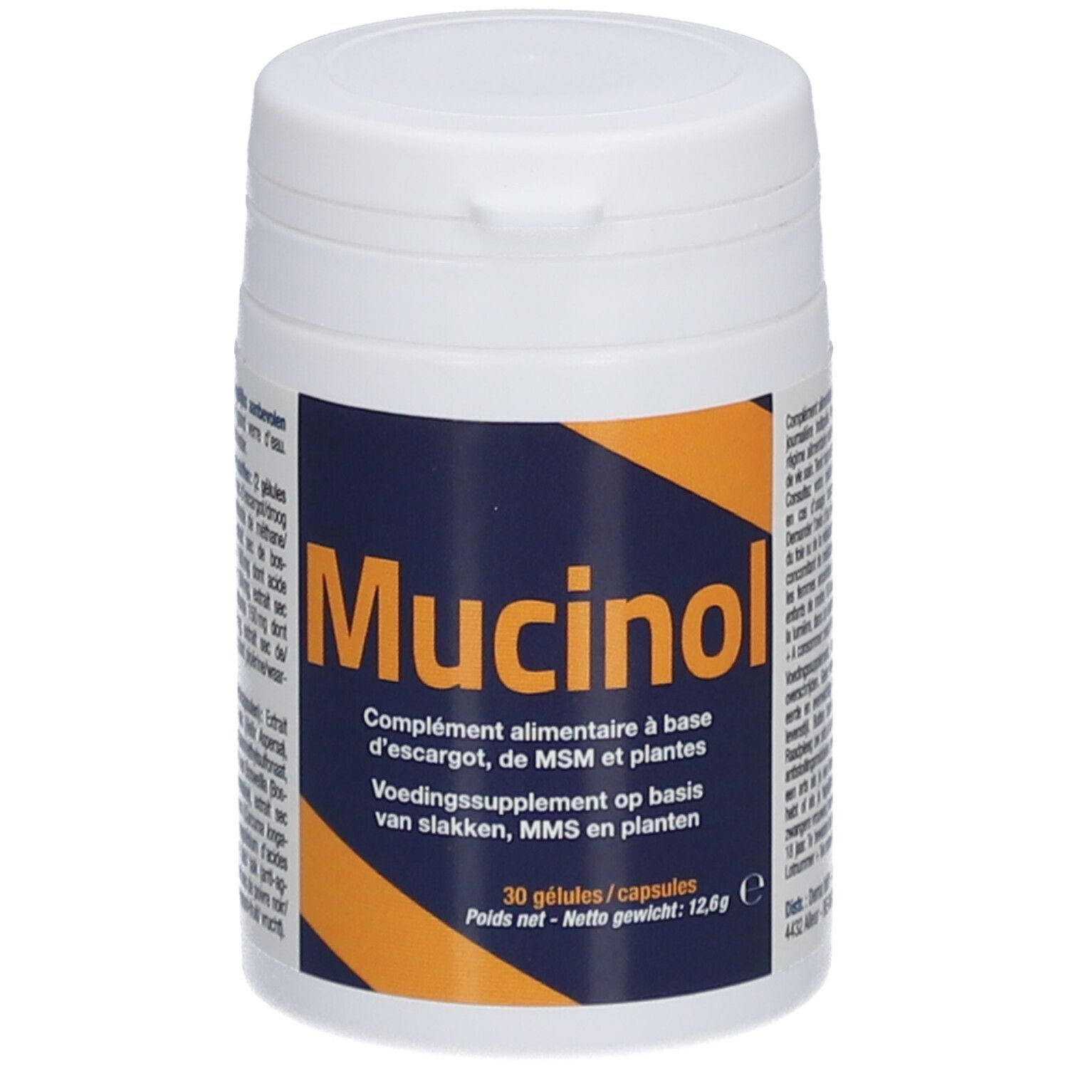 Witte pot met blauw en geel etiket. Opschrift: Mucinol. Voedingssupplement met 30 capsules.