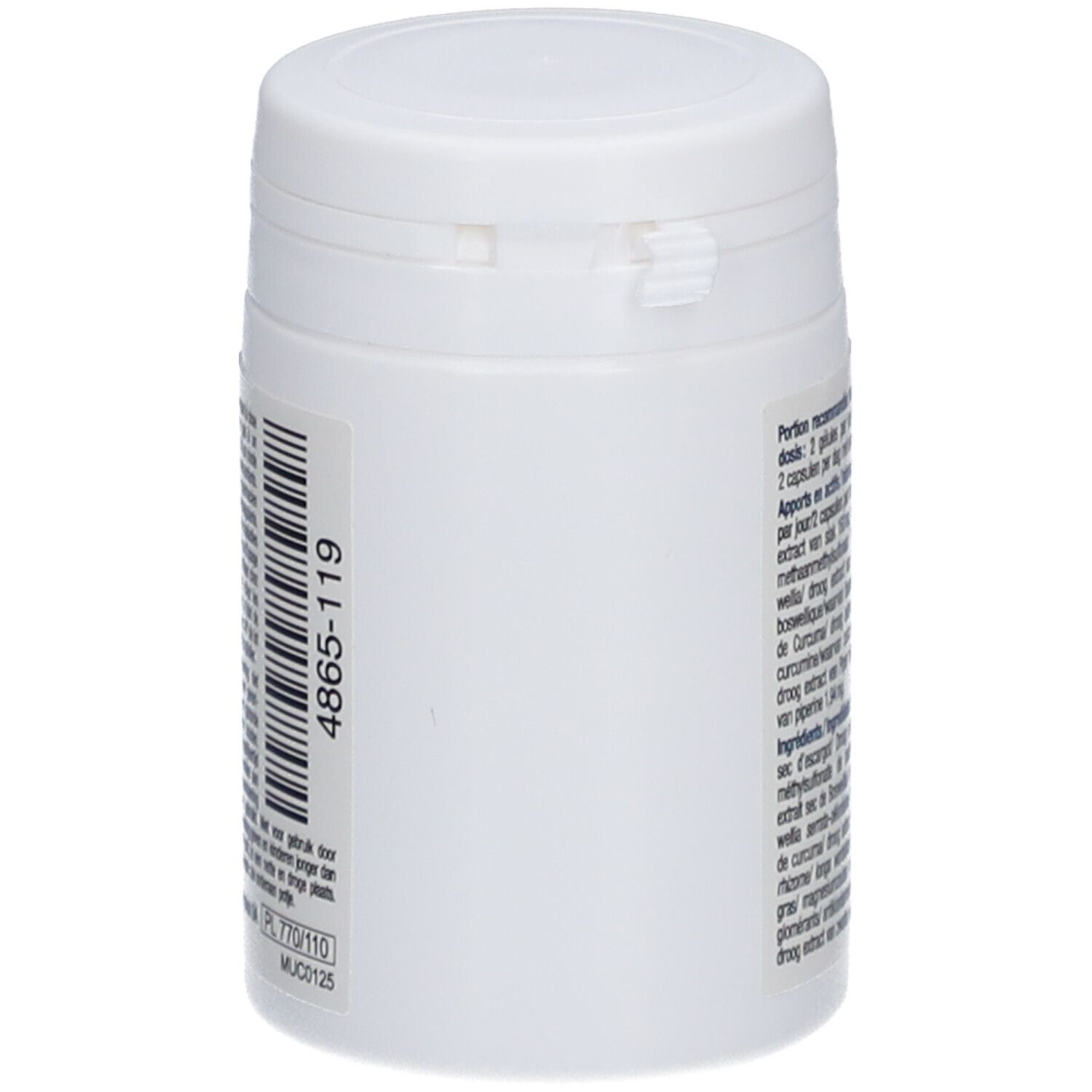Witte pot, zijaanzicht met barcode en tekst. Bevat identificatie-informatie.
