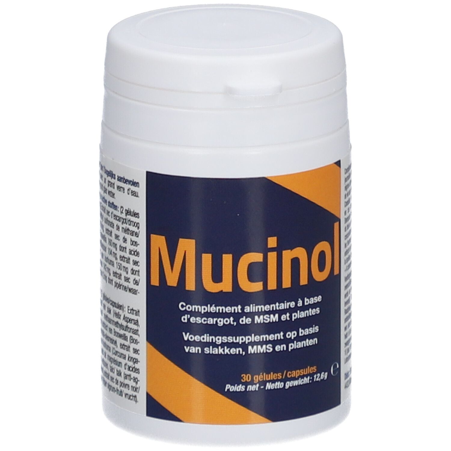 Witte pot met blauw en geel etiket. Opschrift: Mucinol. Voedingssupplement met 30 capsules.