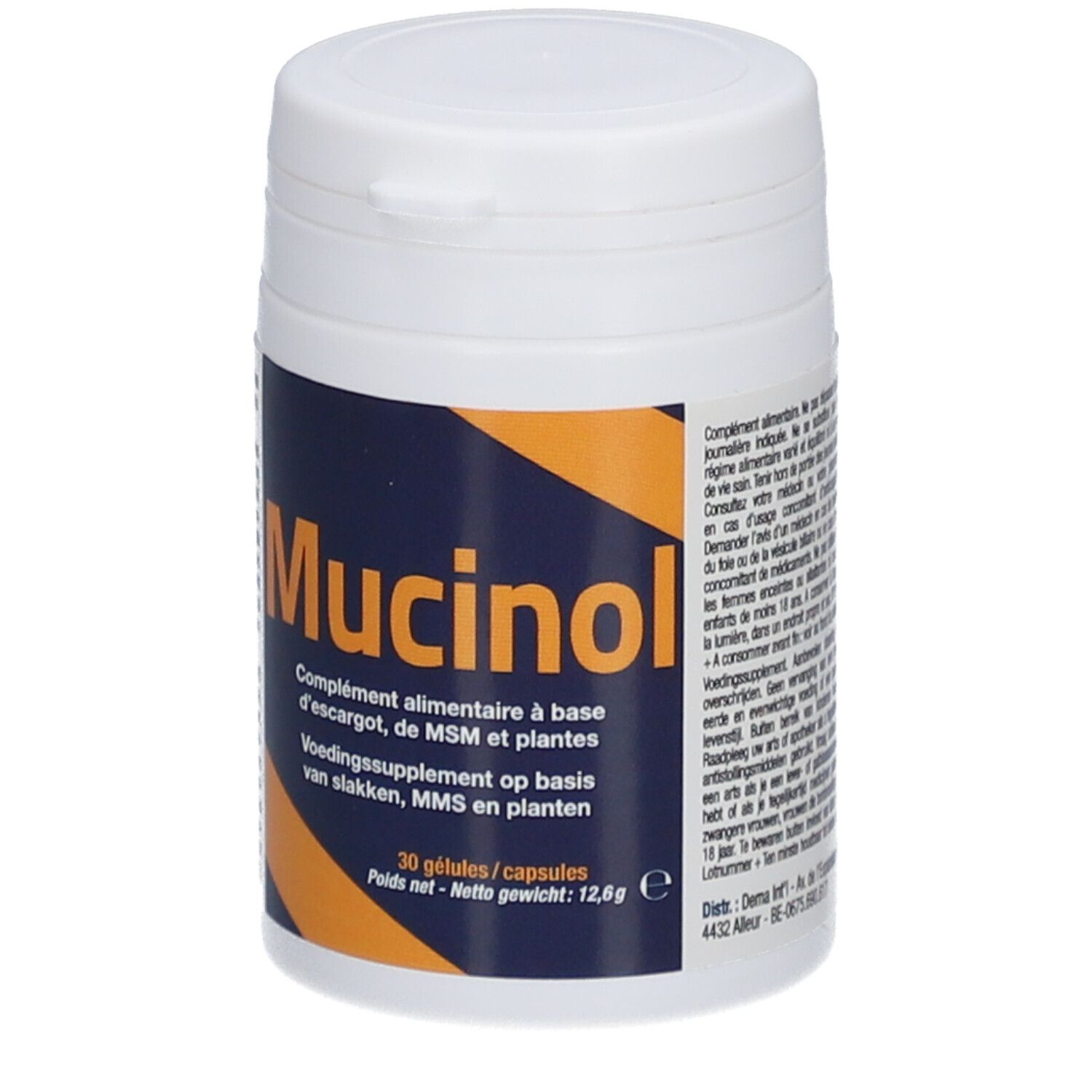 Witte pot met blauw en geel etiket. Opschrift: Mucinol. Voedingssupplement met 30 capsules.
