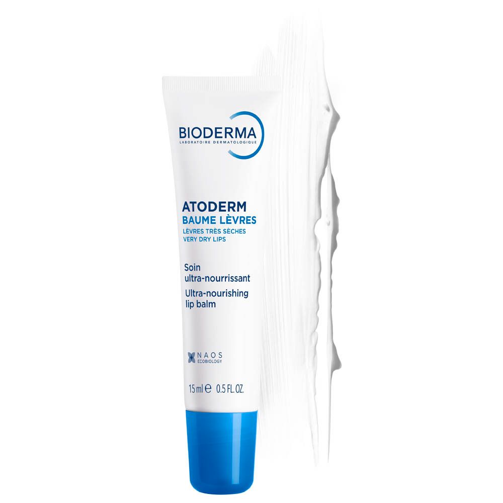 Tube Bioderma Atoderm Baume Lèvres. Baume à lèvres. Tube blanc, bouchon bleu.