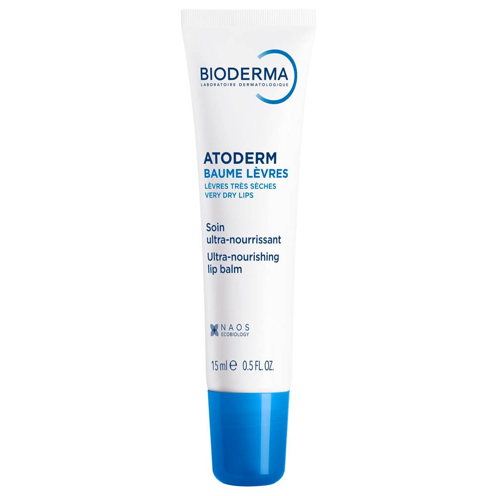 Tube Bioderma Atoderm Baume Lèvres. Dos. Texte multilingue.