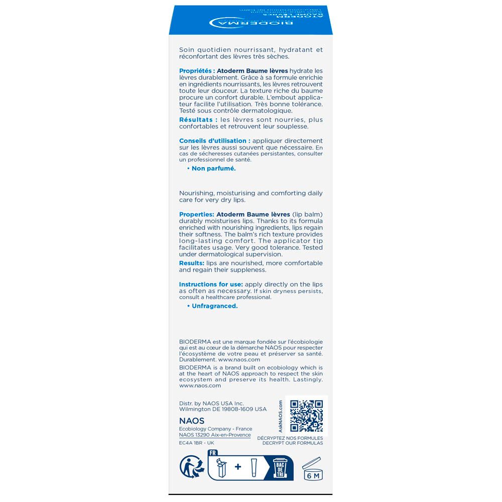 Zijkant van de verpakking van Bioderma Atoderm Baume Lèvres. Meertalige tekst.