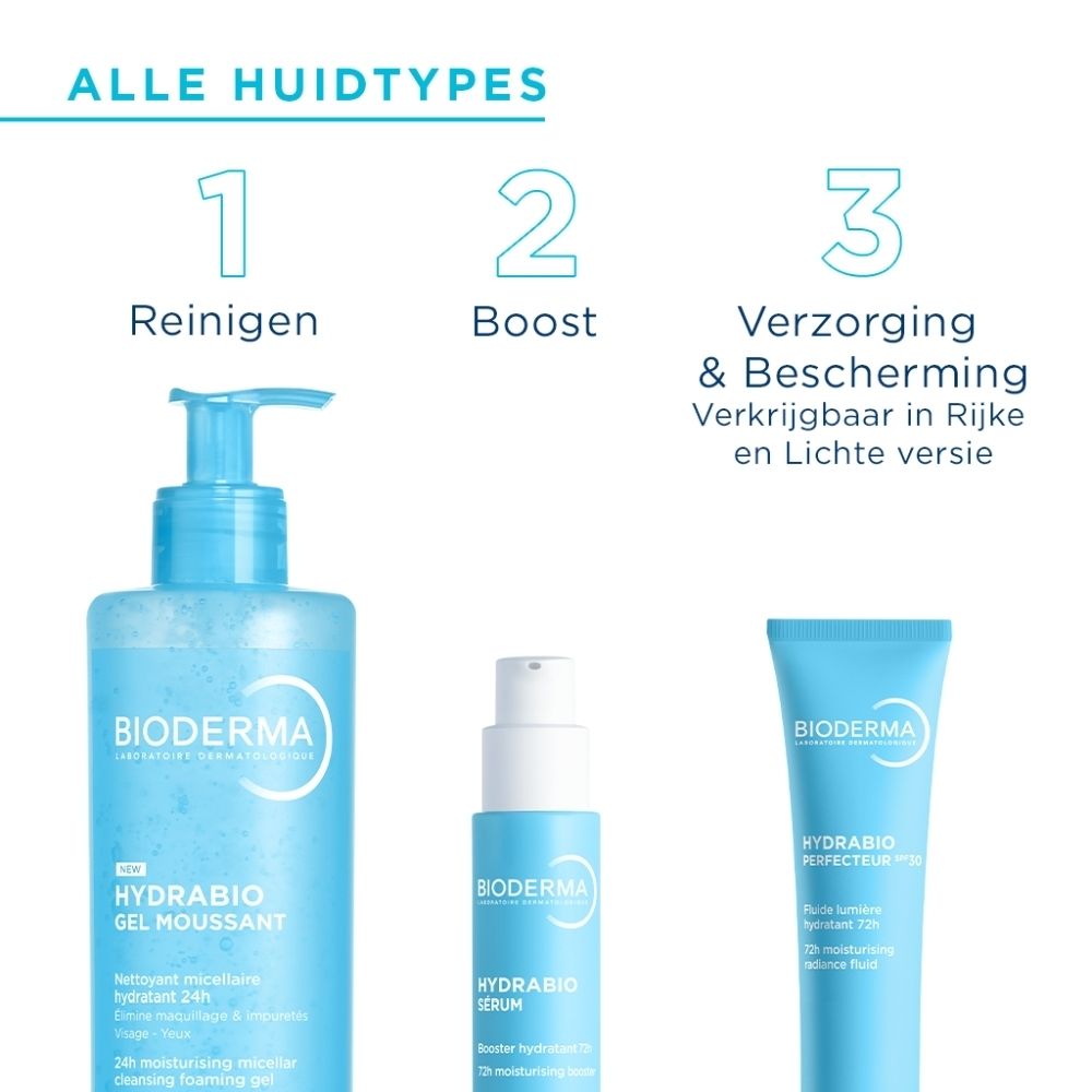 Drie producten. Tekst: Reinigen, Boost, Verzorging & Bescherming. Ingrediënten.