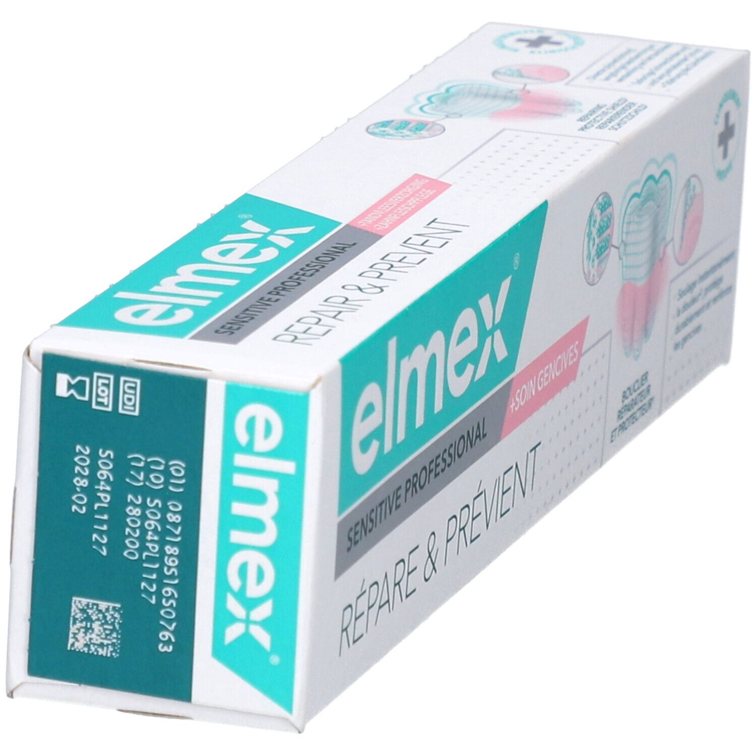 Boîte de dentifrice, vue oblique. Logo et nom du produit visibles. Texte: Répare & Prévient, Sensitive Professional. Étiquette code.