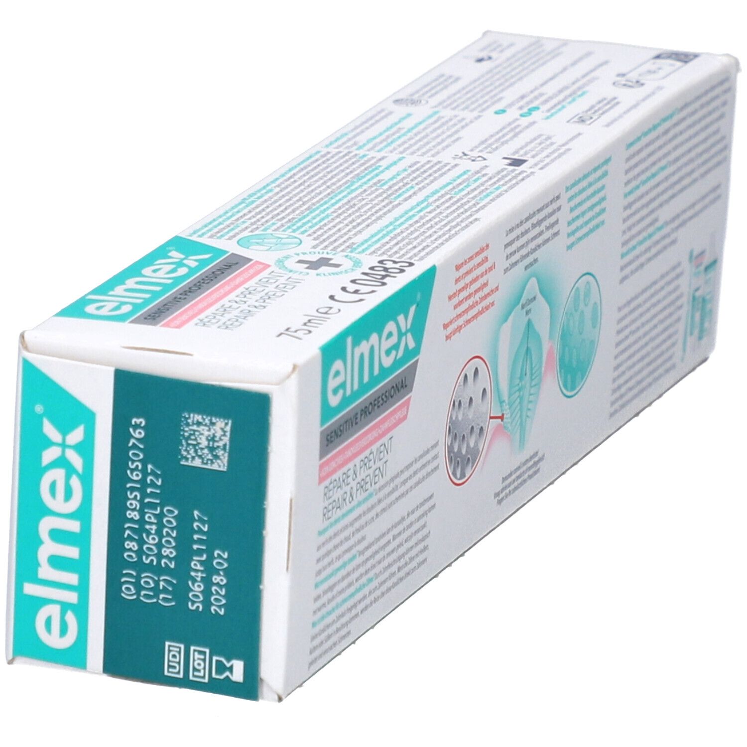 Boîte de dentifrice, vue oblique. Logo et nom du produit visibles. Texte: Répare & Prévient, Sensitive Professional. Étiquette code.