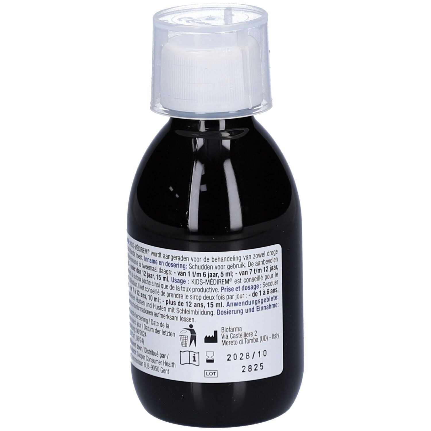 Flacon de sirop contre la toux. Liquide noir, bouchon blanc. Étiquette avec dosage et ingrédients.