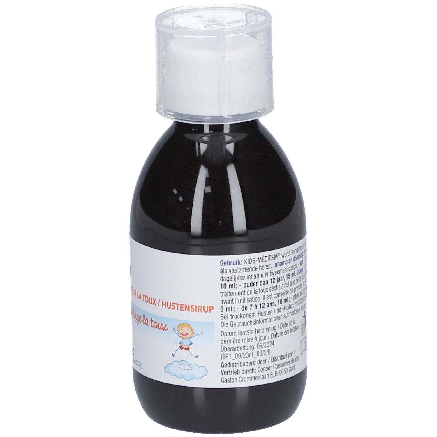 Flacon de sirop contre la toux. Liquide noir, bouchon blanc. Étiquette avec nom et illustration.