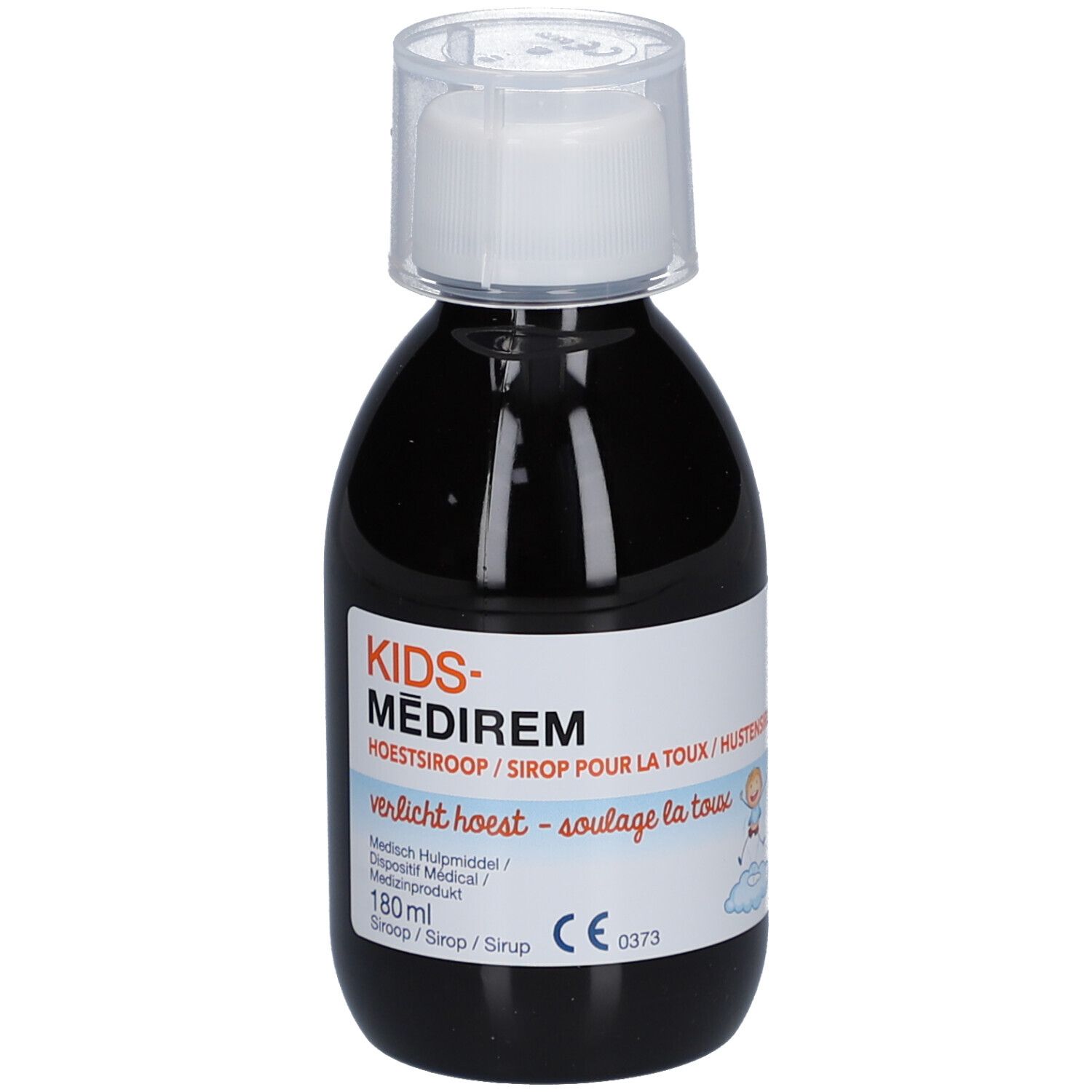 Flacon de sirop contre la toux. Liquide noir, bouchon blanc. Étiquette avec nom et marquage CE.