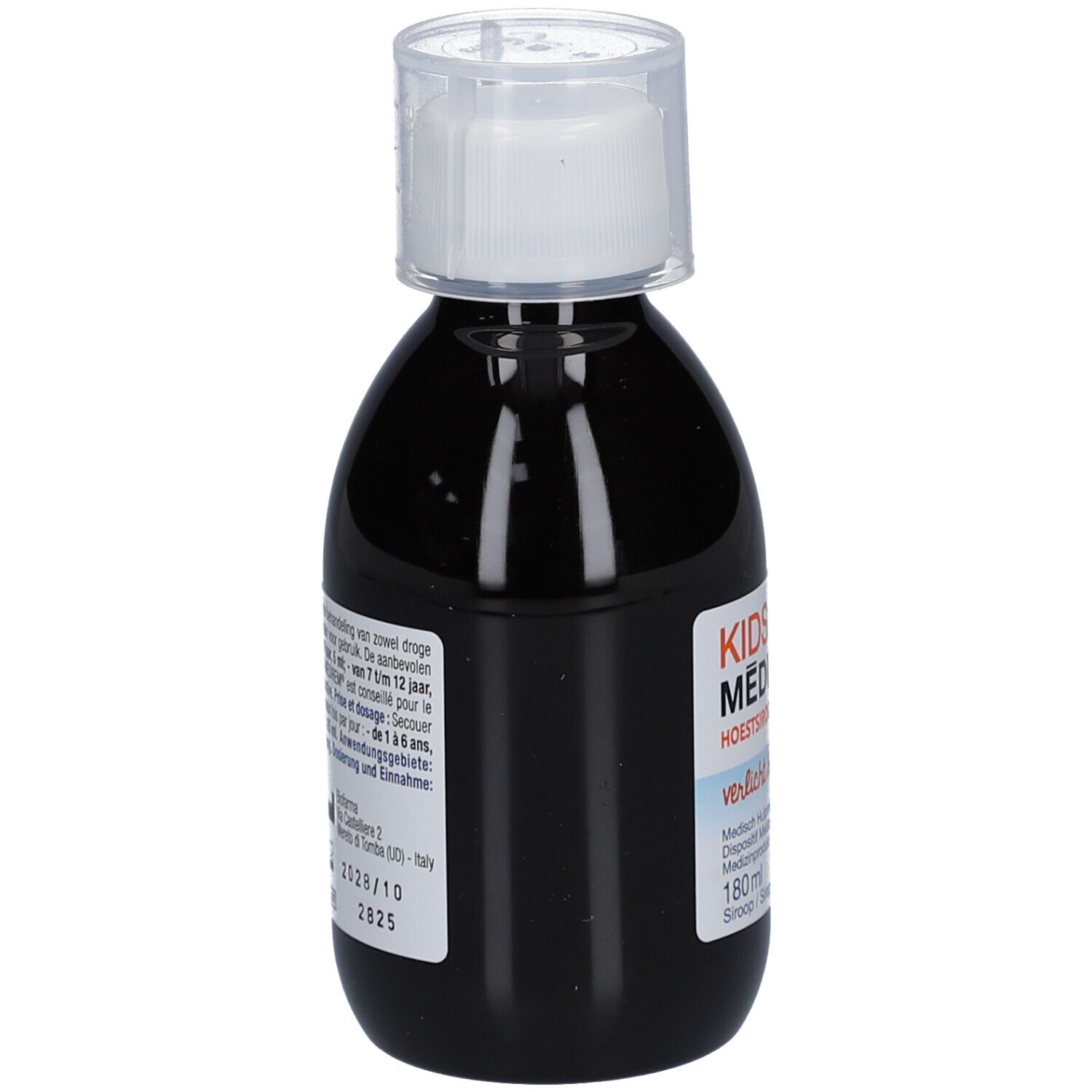 Flacon de sirop contre la toux. Liquide noir, bouchon blanc. Étiquette avec informations.