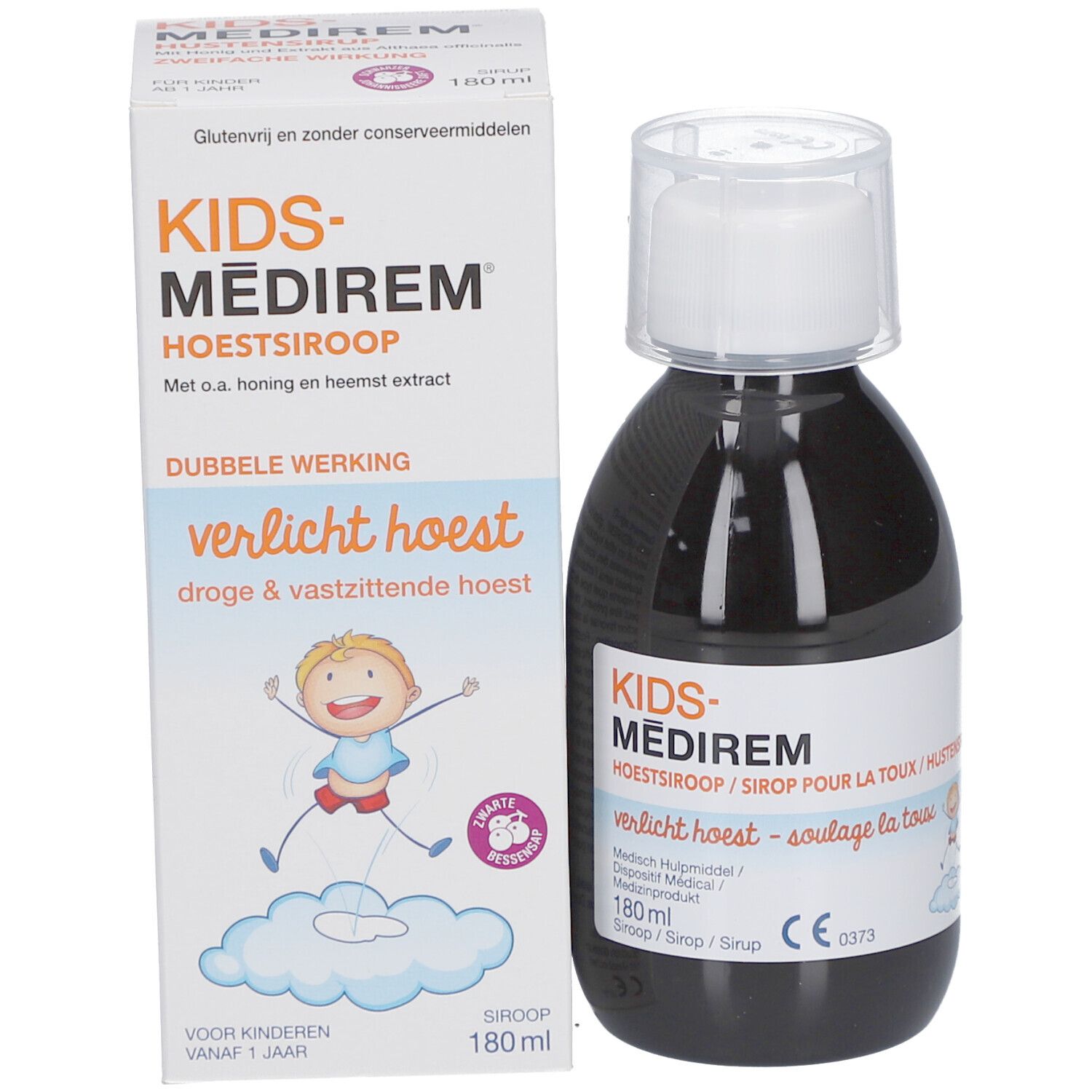 Flacon et boîte de sirop contre la toux. Flacon noir, bouchon blanc. Boîte avec texte.
