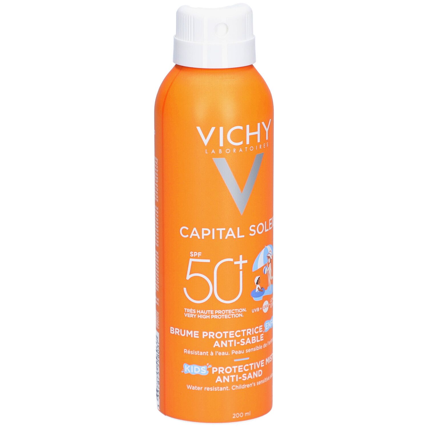 Oranje spuitfles met witte dop. Opschrift: Vichy, Capital Soleil SPF 50+, Brume Protectrice Anti-Sable.