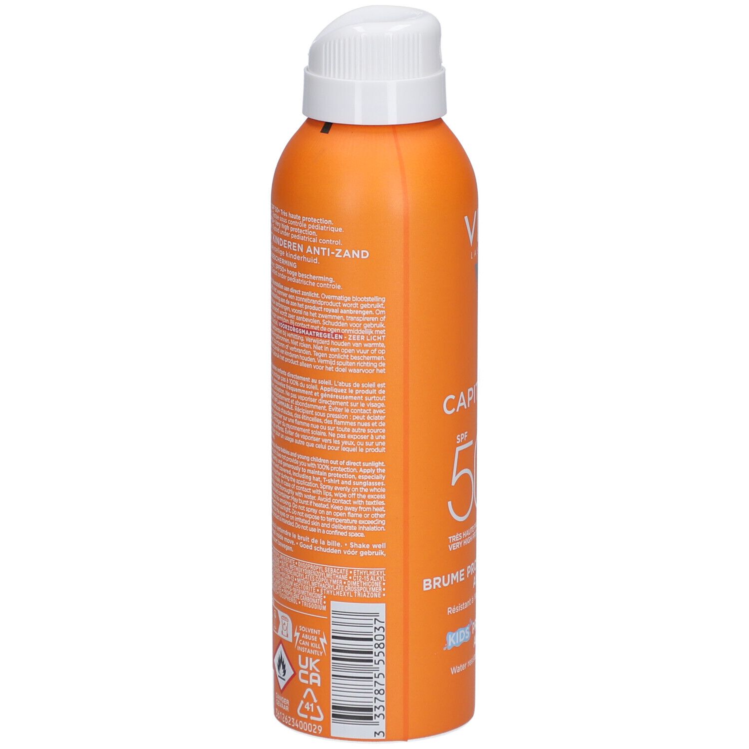 Oranje spuitfles met witte dop. Achterkant met tekst. Opschrift: Capital Soleil SPF 50+.
