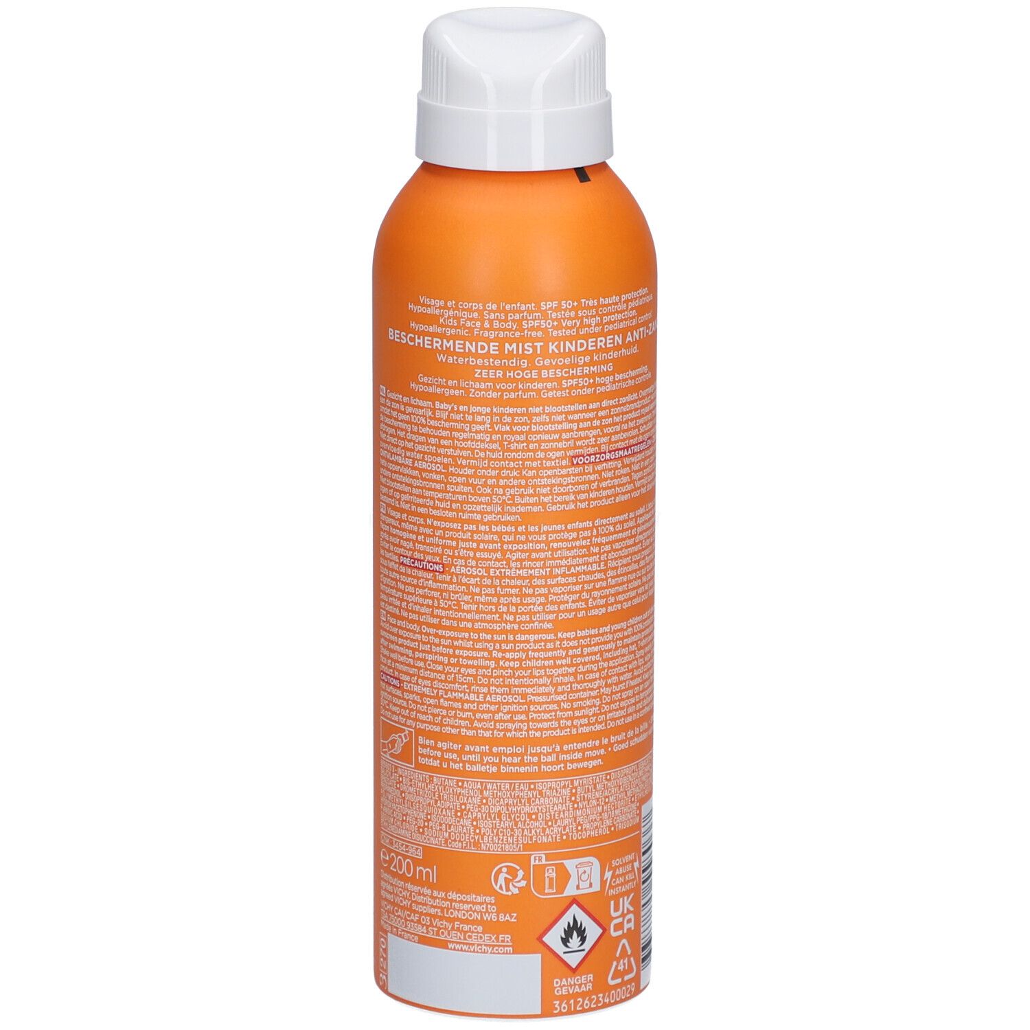 Oranje spuitfles met witte dop. Achterkant met tekst en 200ml-aanduiding.