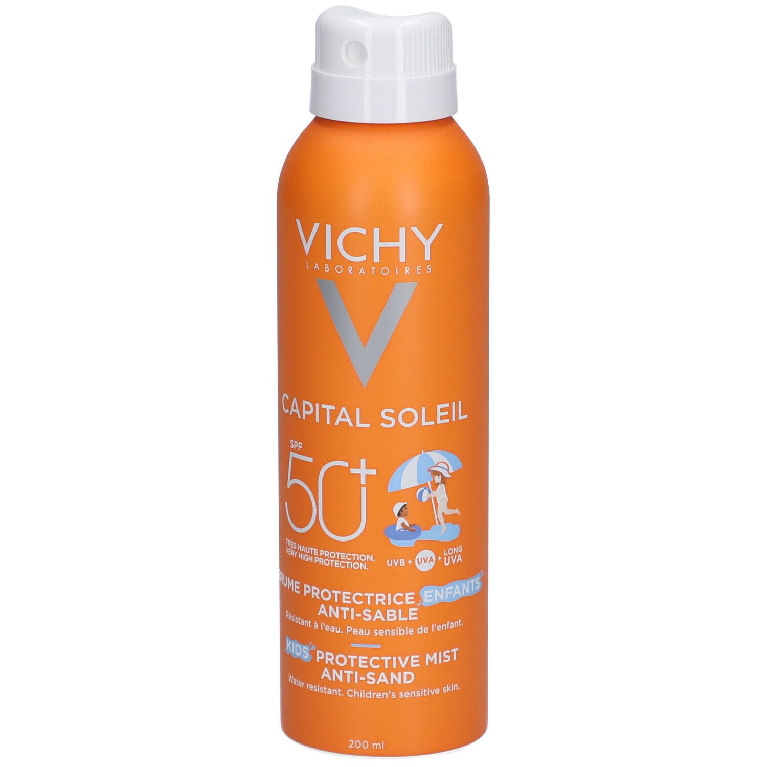 Oranje spuitfles met witte dop. Opschrift: Vichy, Capital Soleil SPF 50+, Brume Protectrice Anti-Sable.
