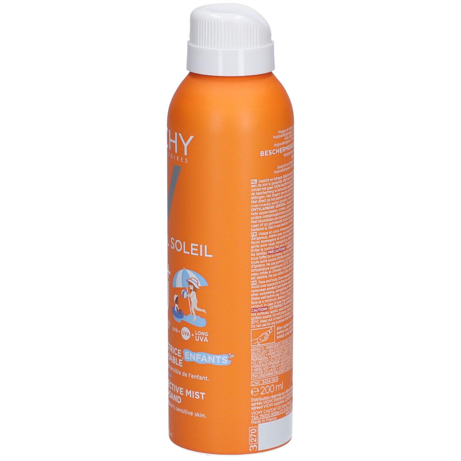 Oranje spuitfles met witte dop. Opschrift: Vichy, Capital Soleil SPF 50+, Brume Protectrice Anti-Sable.