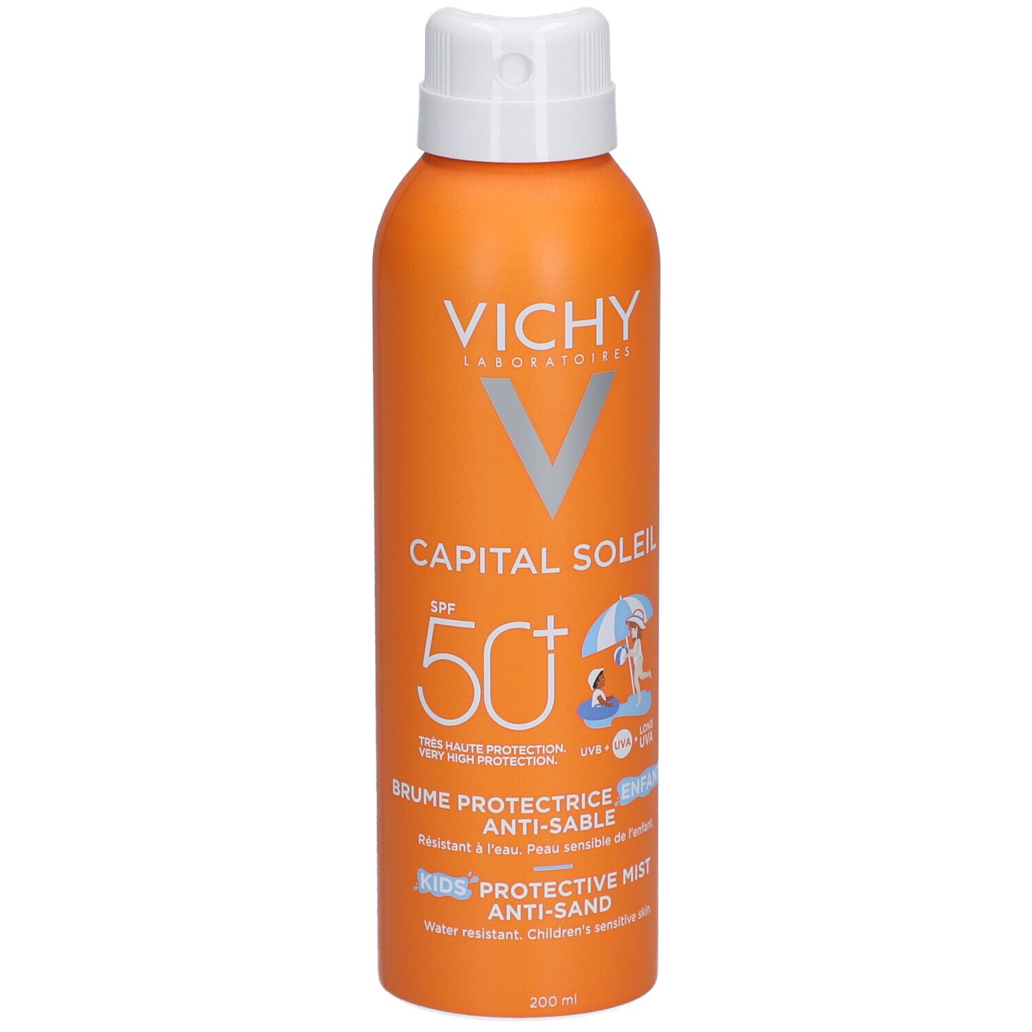 Oranje spuitfles met witte dop. Opschrift: Vichy, Capital Soleil SPF 50+, Brume Protectrice Anti-Sable.