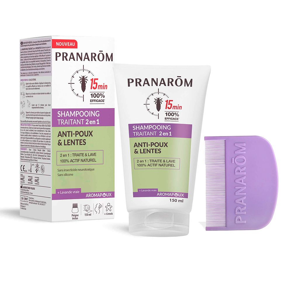 Doos, tube en kam. Pranarôm Shampooing Traitant 2 en 1 Anti-Poux & Lentes. Met kam. 15 min. 100% effectief.