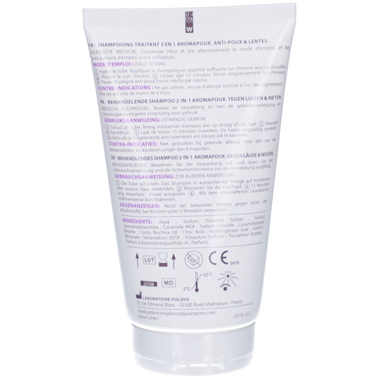 Dos du tube. Texte multilingue. Ingrédients, mode d'emploi, avertissements, certifications.