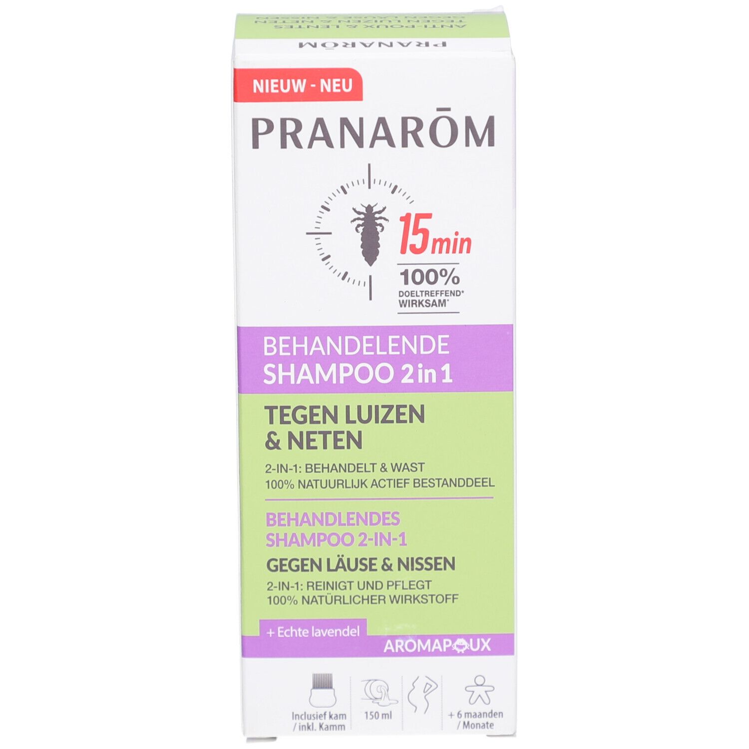 Emballage du produit. Blanc, violet, vert. Inscriptions: Pranarôm, Behandelende shampoo 2 in 1, Tegen luizen & neten, 15 min.