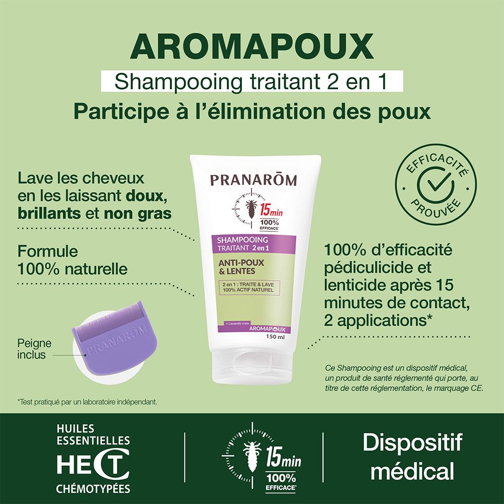 Tube en kam. Pranarôm Shampooing Traitant 2 en 1 Anti-Poux & Lentes. 15 min. 100% effectief. Peigne inclus.