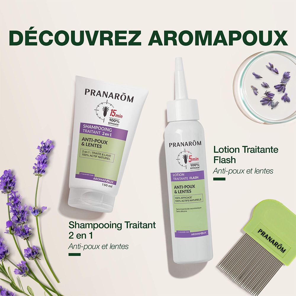 Pranarôm Shampooing Traitant 2 en 1 Anti-Poux & Lentes. Lotion Traitante Flash. Met lavendel. Kam.
