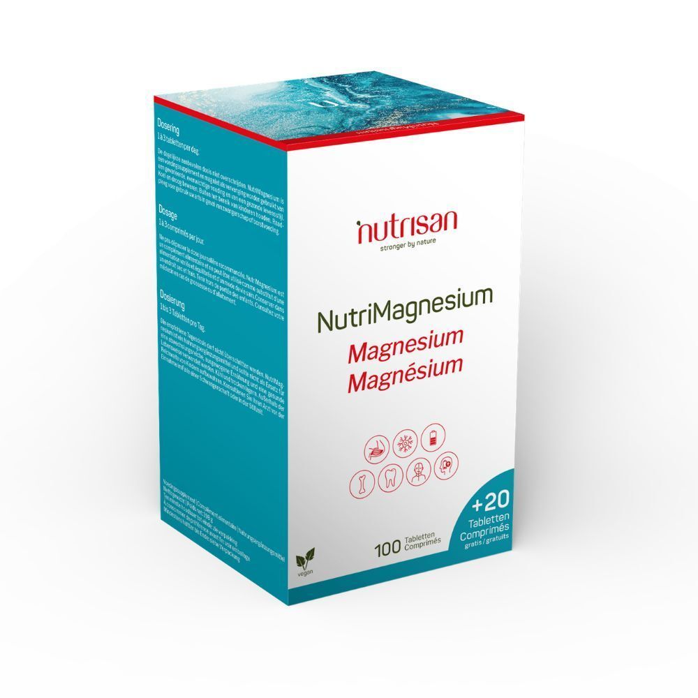 Productverpakking. Opschrift: Nutrisan, NutriMagnesium, Magnesium, Magnésium. 100 tabletten + 20 gratis.