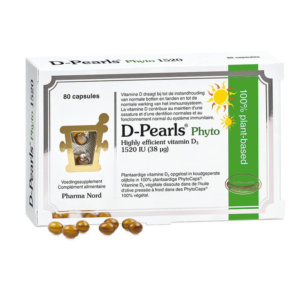 Witte doos D-Pearls Phyto met capsules. Opschrift: 80 capsules, 1520 IE. Groen-witte stickers. Pharma Nord logo.