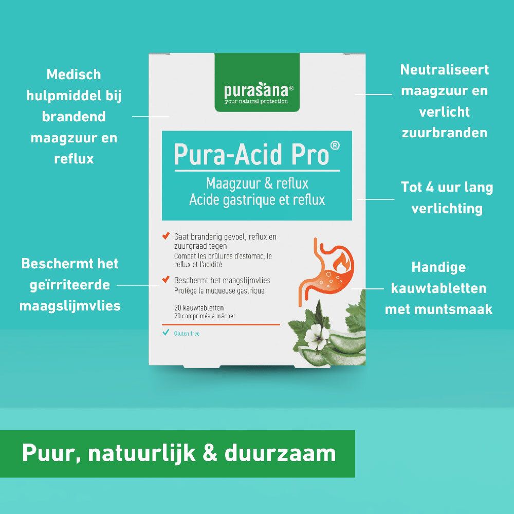 Infographic: Pura-Acid Pro®-doos met tekst en illustraties. Voordelen en ingrediënten.