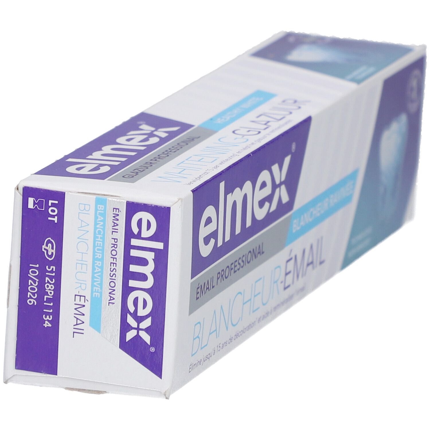 Emballage de dentifrice en biais. Logo et nom du produit. Accents bleus et violets. Inscription : Émail Professional Blancheur Émail.