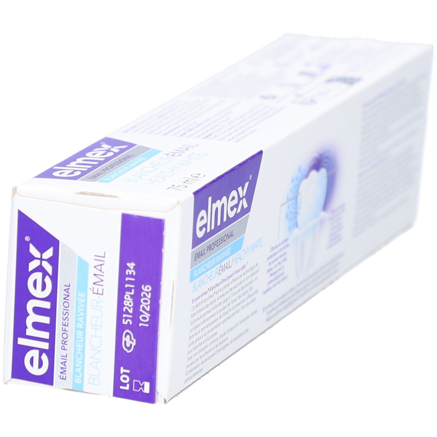 Emballage de dentifrice en biais. Nom et logo du produit visibles. Couleurs : blanc, bleu et violet. Numéro de lot.