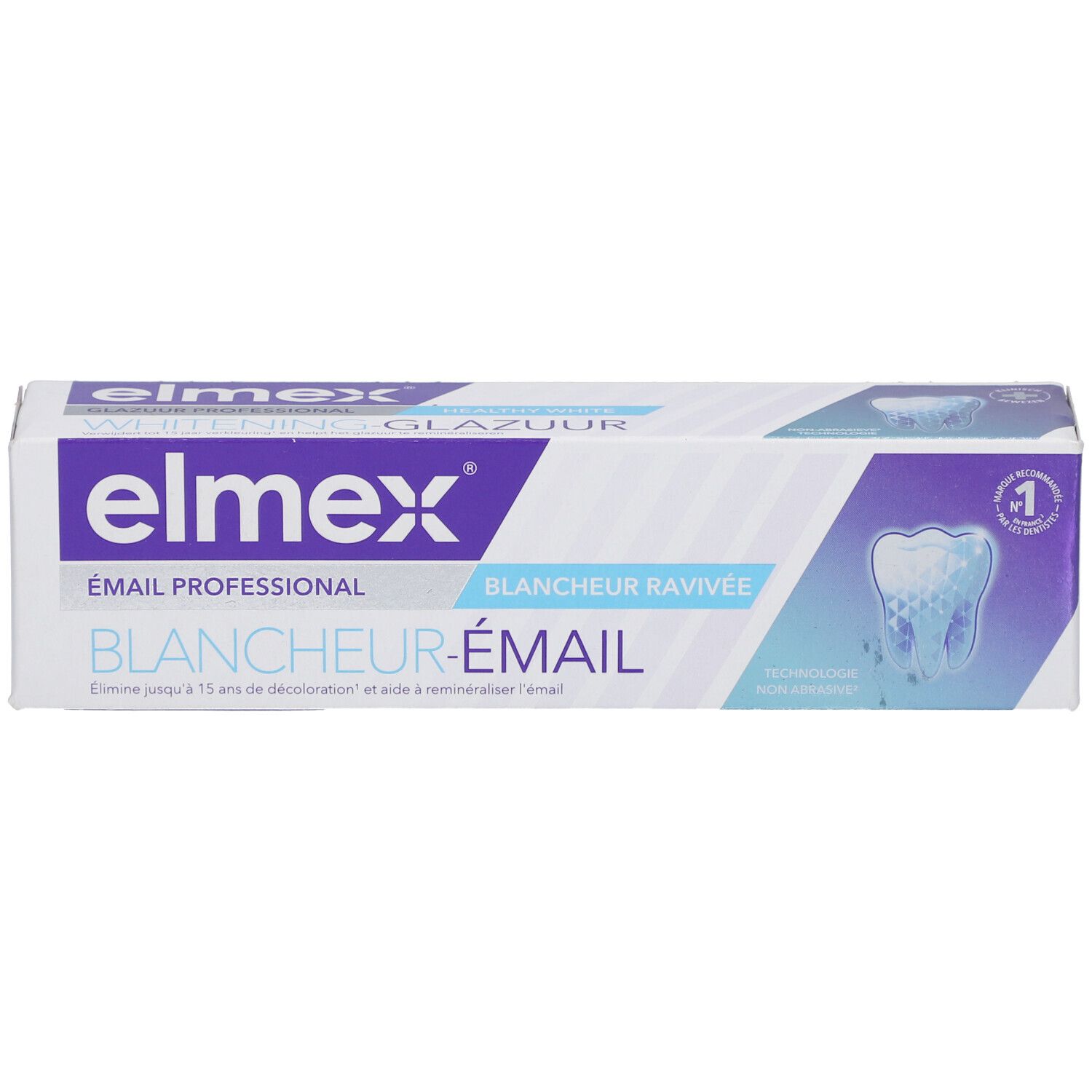 Emballage de dentifrice. Marque et nom du produit visibles. Design blanc et bleu. Illustration de dent.