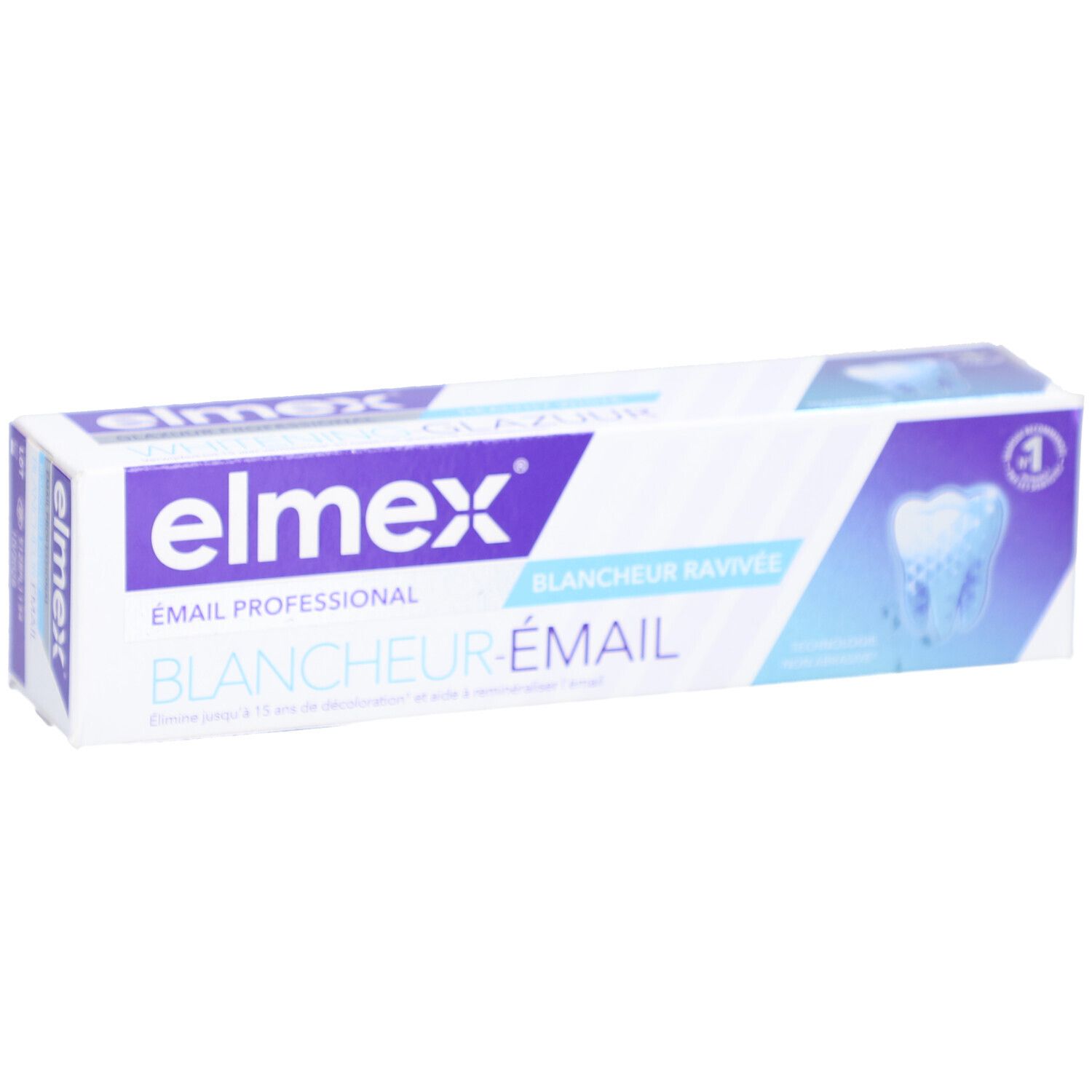 Emballage de dentifrice. Marque et nom du produit visibles. Design blanc et bleu. Illustration de dent.