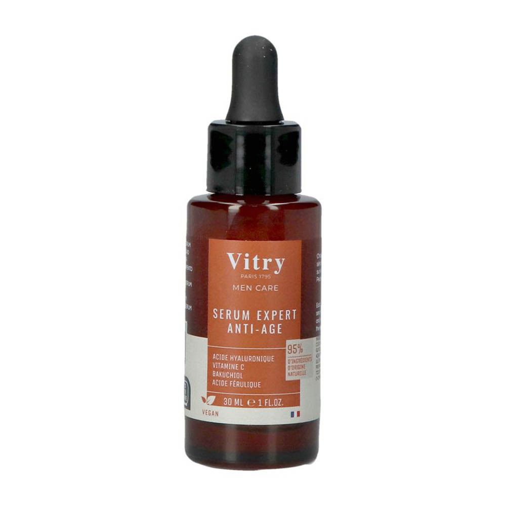 Bruine glazen fles met zwarte dop en pipet. Opschrift: Vitry Men Care Serum Expert Anti-Age. Vegan.